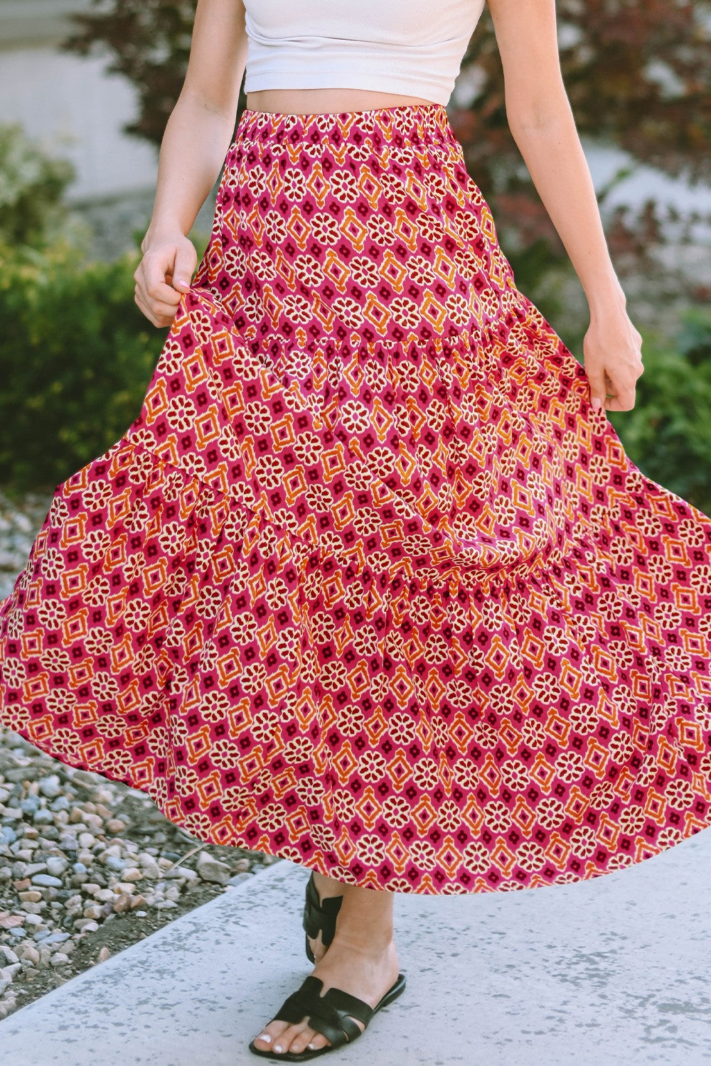 Geometric Elastic Waist Tiered Skirt - The Boutie Shop