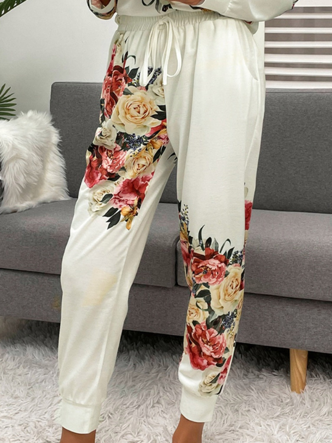 Shiny Printed Round Neck Top and Pants Lounge Set - The Boutie Shop