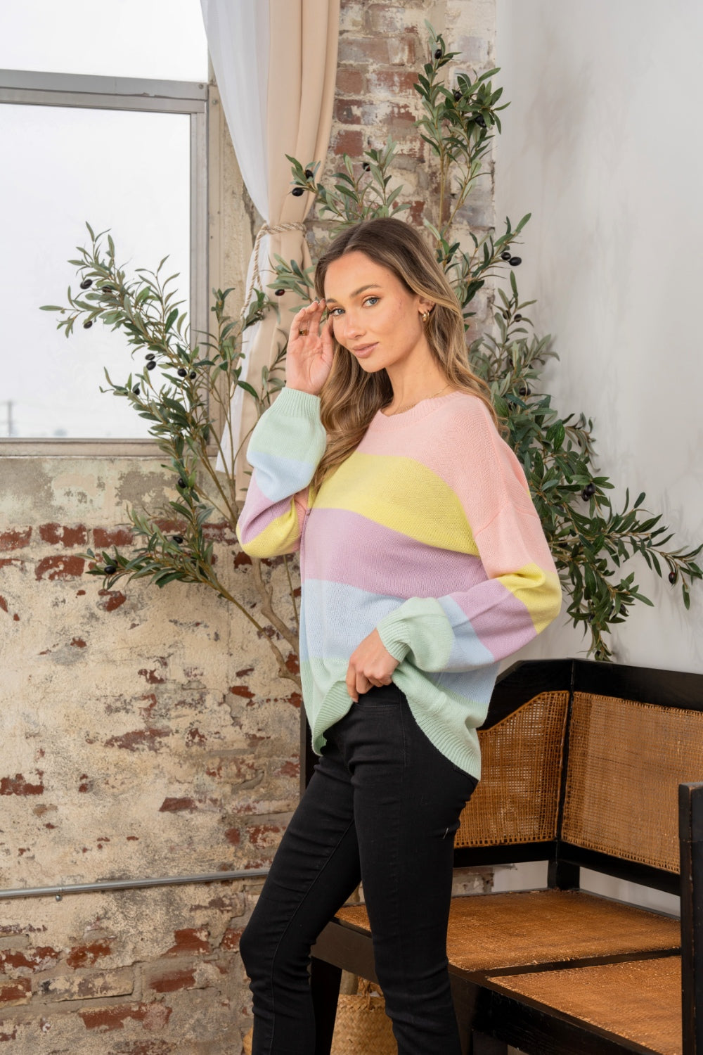 Sew In Love Full Size Color Block Round Neck Dropped Shoulder Sweater - The Boutie Shop