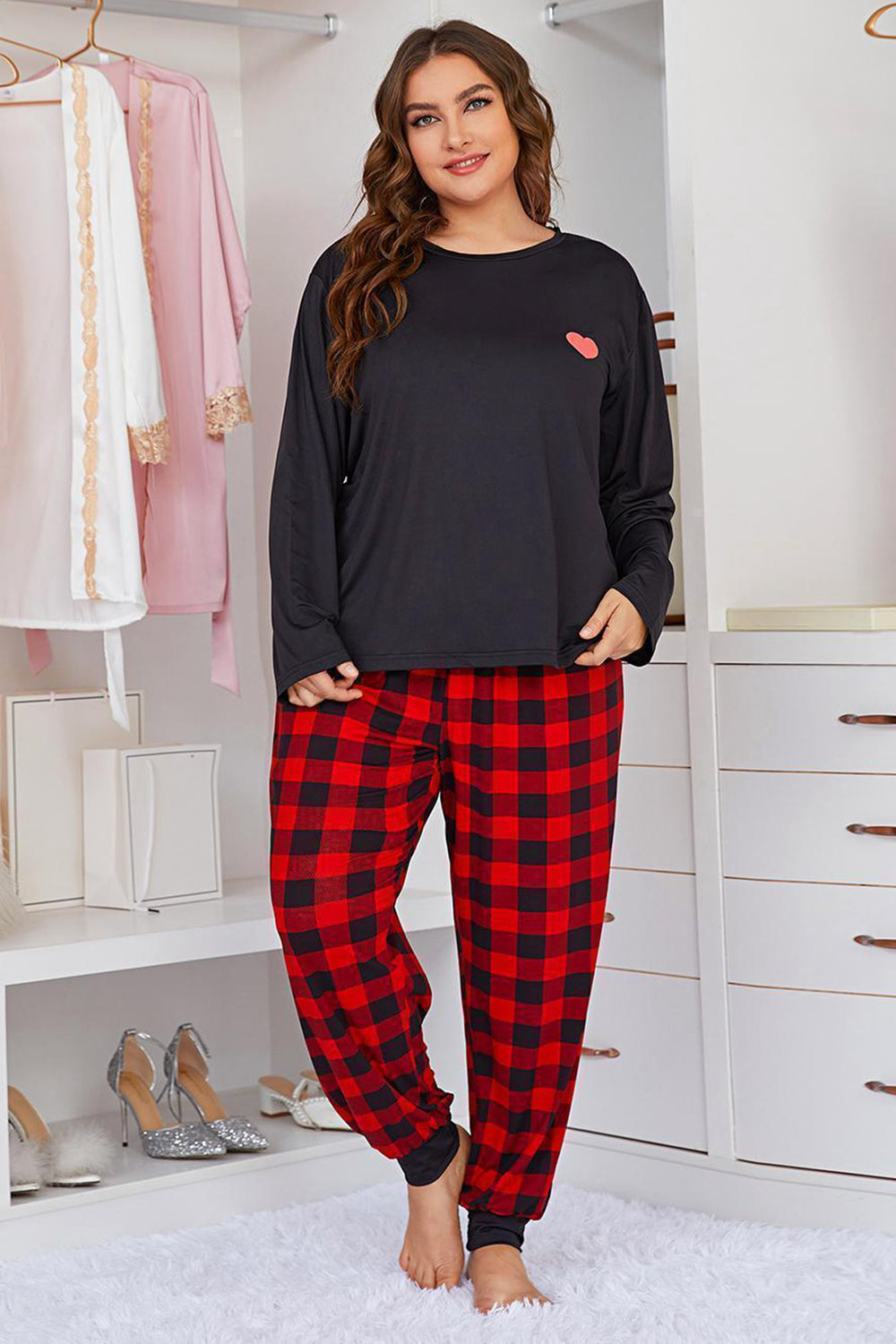 Plus Size Heart Graphic Top and Plaid Joggers Lounge Set - The Boutie Shop