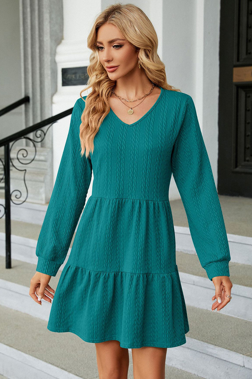 V-Neck Long Sleeve Mini Dress - The Boutie Shop