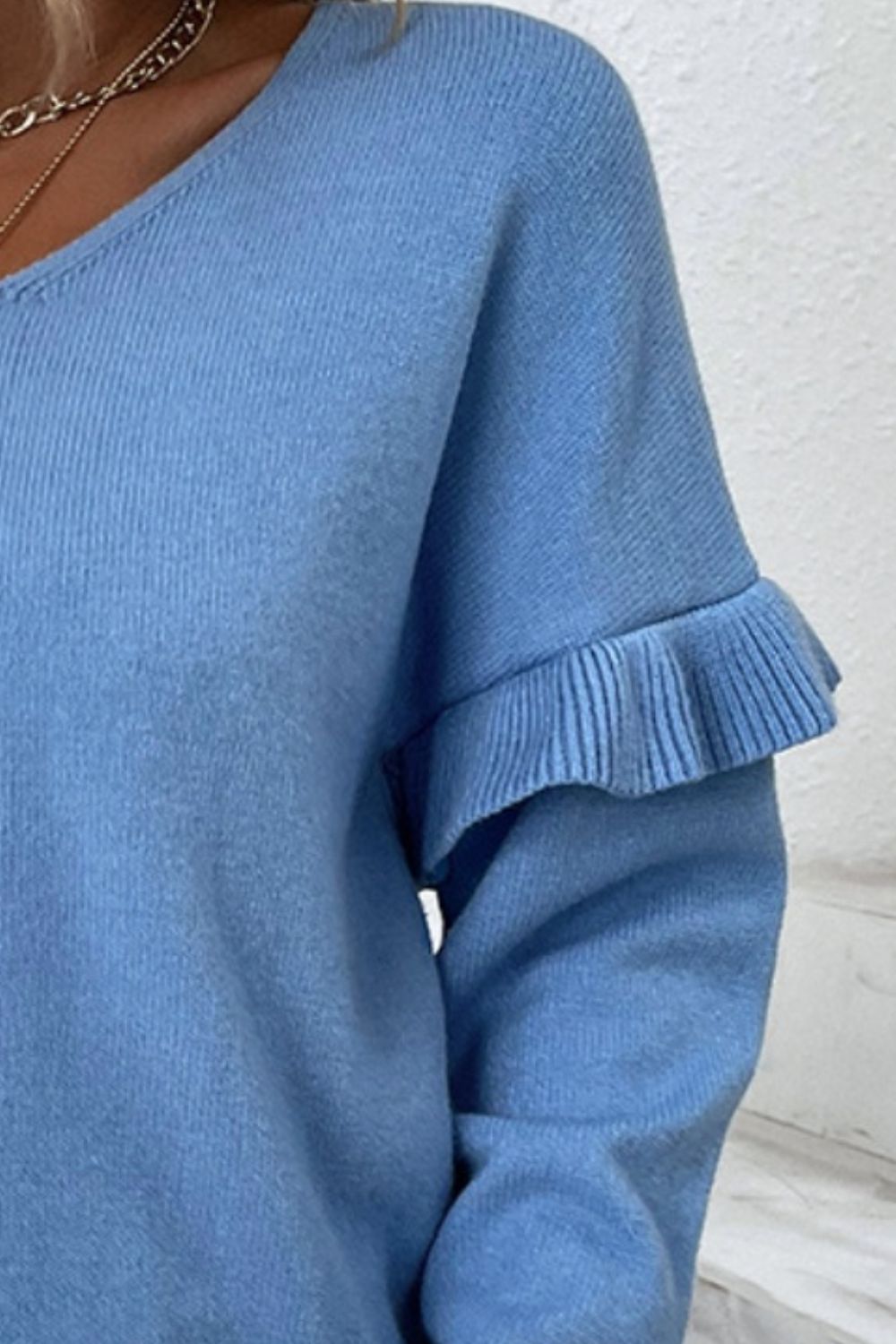 V-Neck Ruffle Trim Long Sleeve Sweater - The Boutie Shop