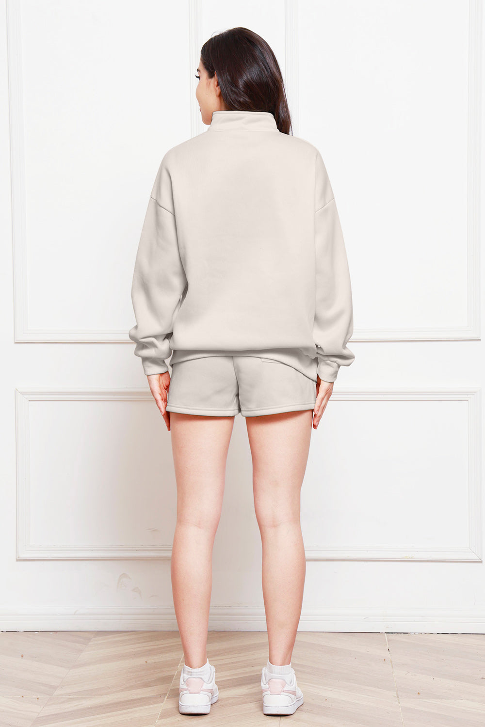 Half Zip Long Sleeve Sweatshirt and Drawstring Shorts Set - The Boutie Shop