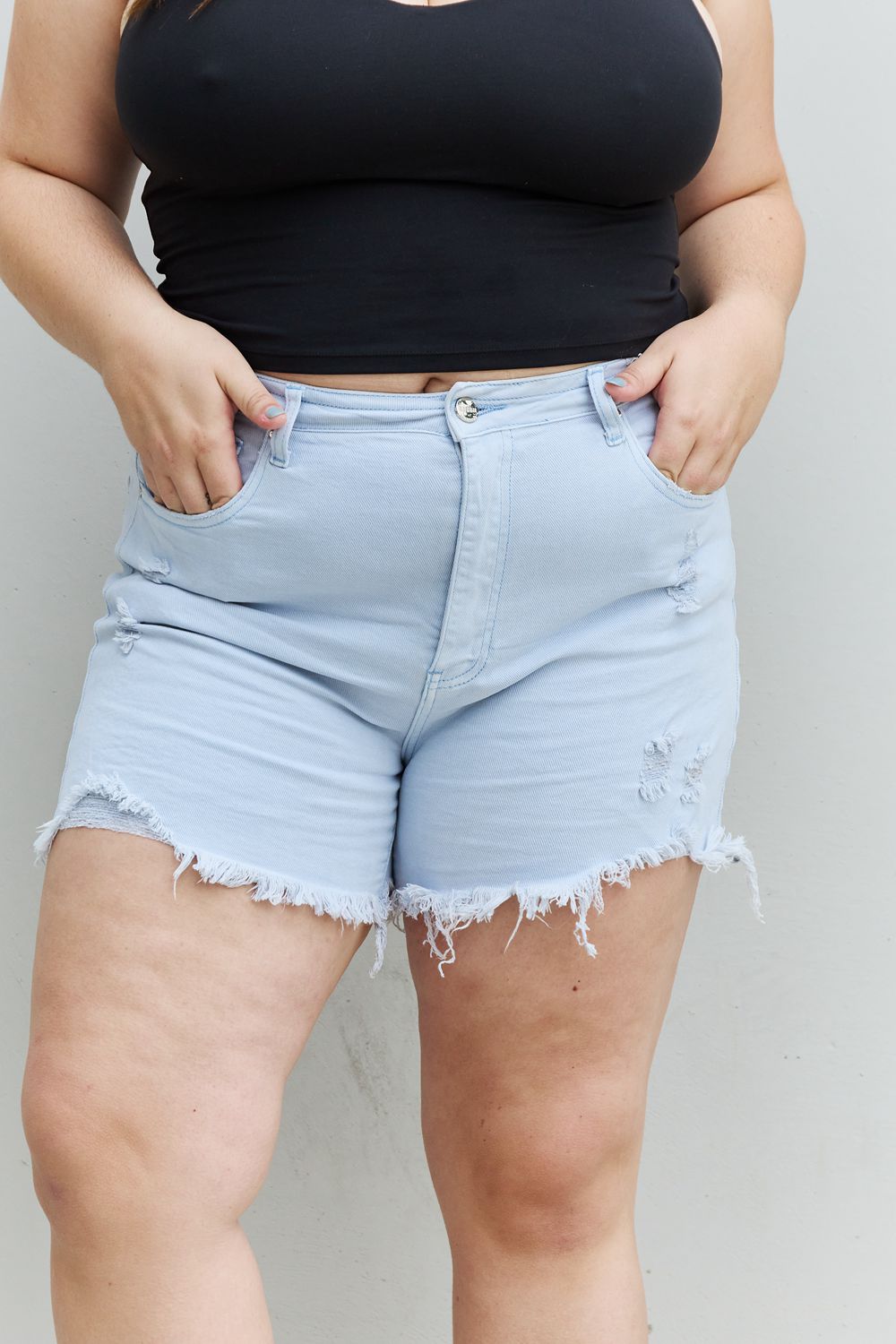 RISEN Katie Full Size High Waisted Distressed Shorts in Ice Blue - The Boutie Shop