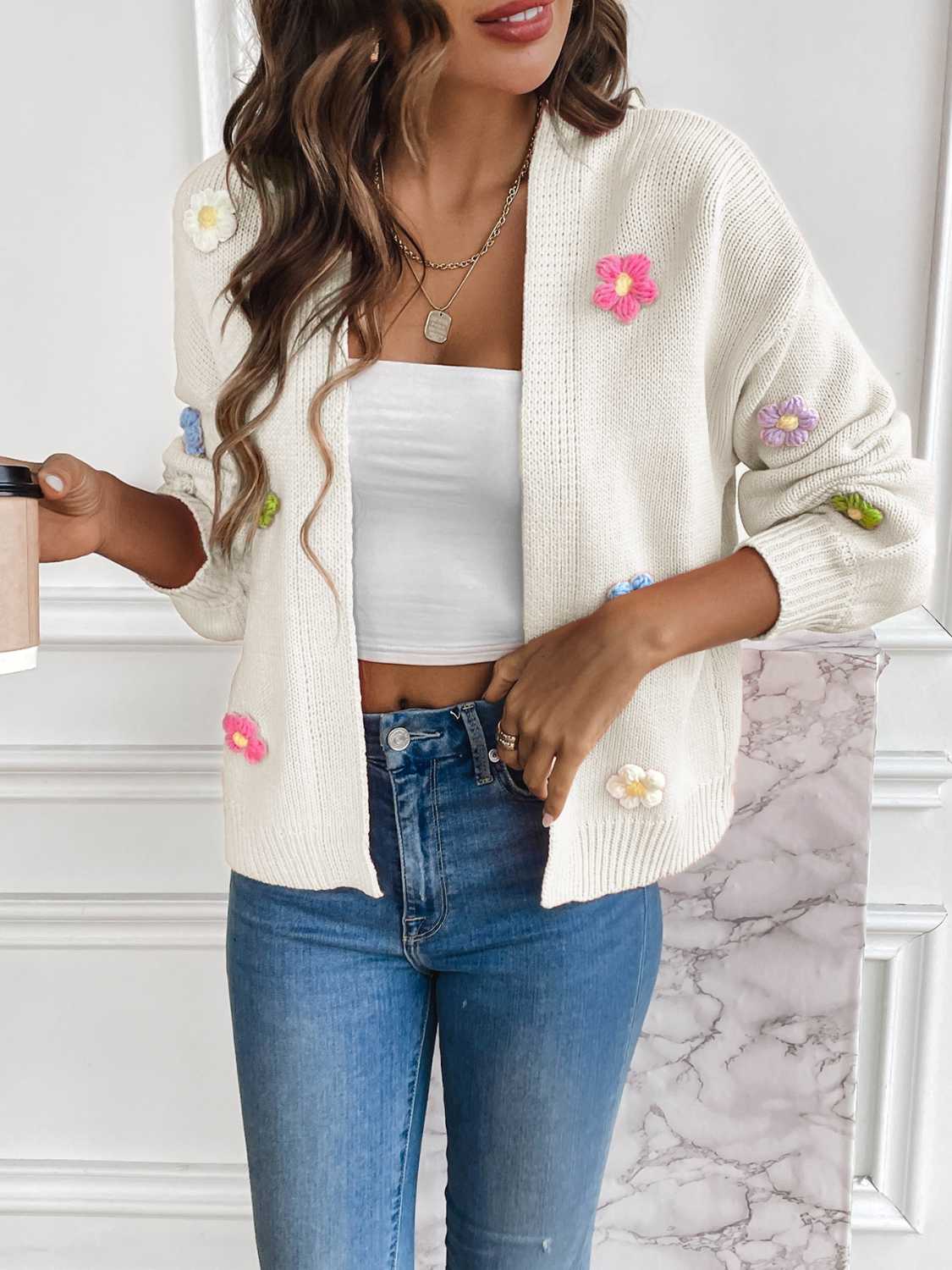 Floral Long Sleeve Open Front Cardigan - The Boutie Shop