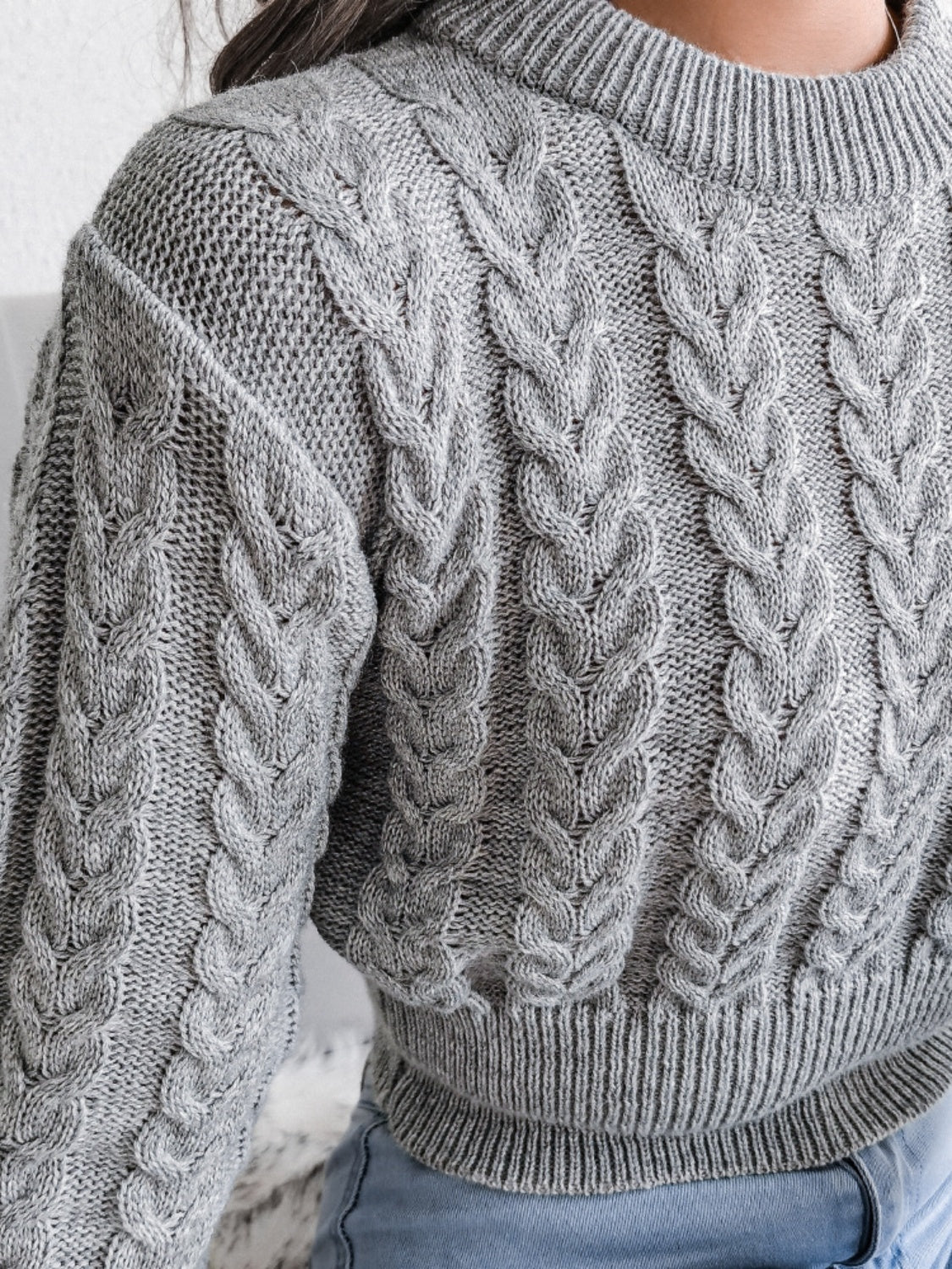 Cable-Knit Round Neck Sweater - The Boutie Shop