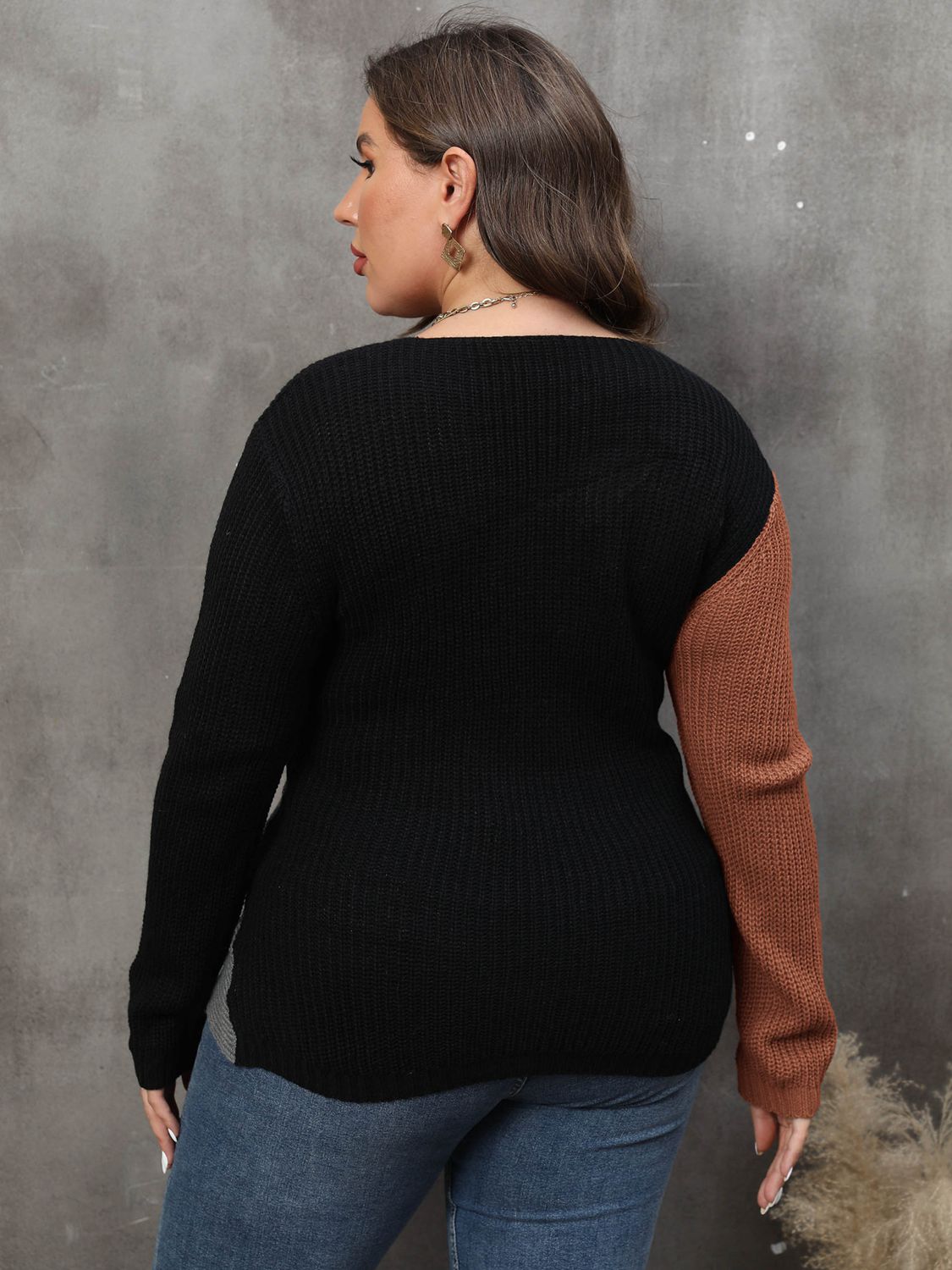 Plus Size Two-Tone Surplice Neck Sweater - The Boutie Shop