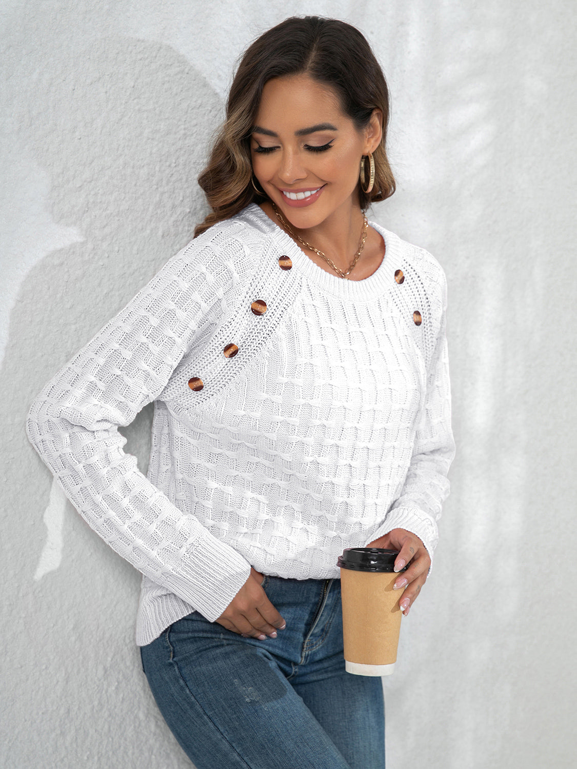 Decorative Button Long Sleeve Sweater - The Boutie Shop