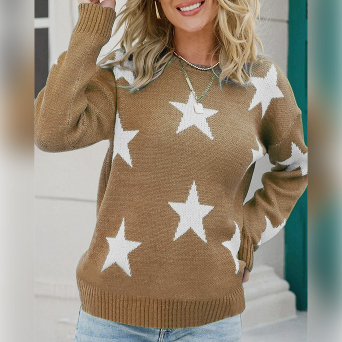 Star Pattern Round Neck Sweater - The Boutie Shop