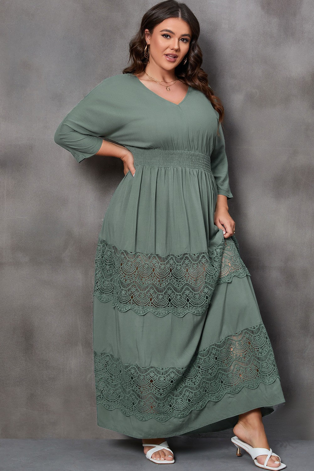 Plus Size Tied V-Neck Smocked Crochet Maxi Dress - The Boutie Shop