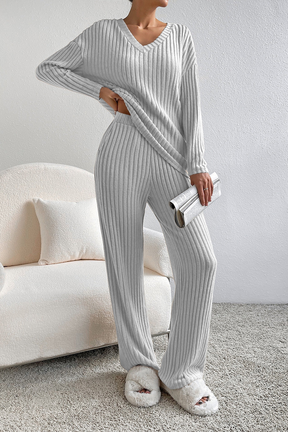 Ribbed V-Neck Top and Pants Lounge Set - The Boutie Shop