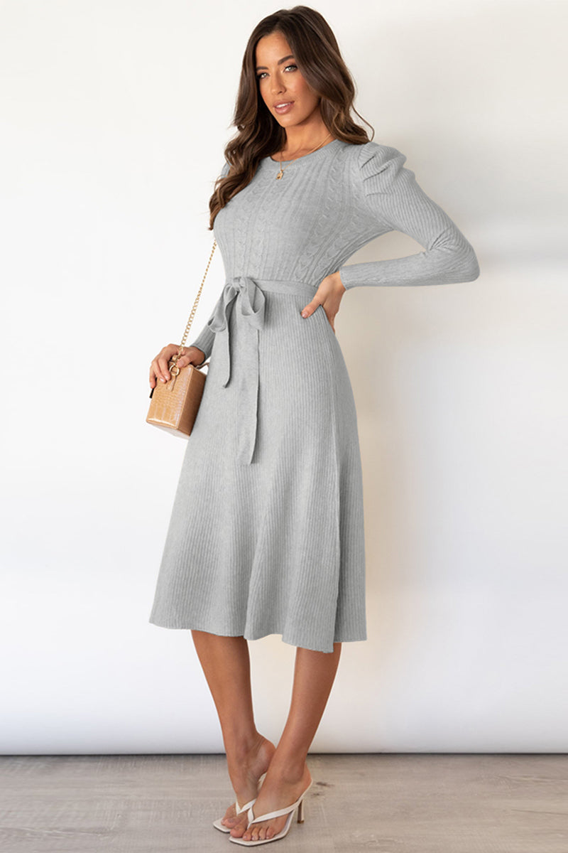 Round Neck Long Sleeve Tie Waist Sweater Dress - The Boutie Shop