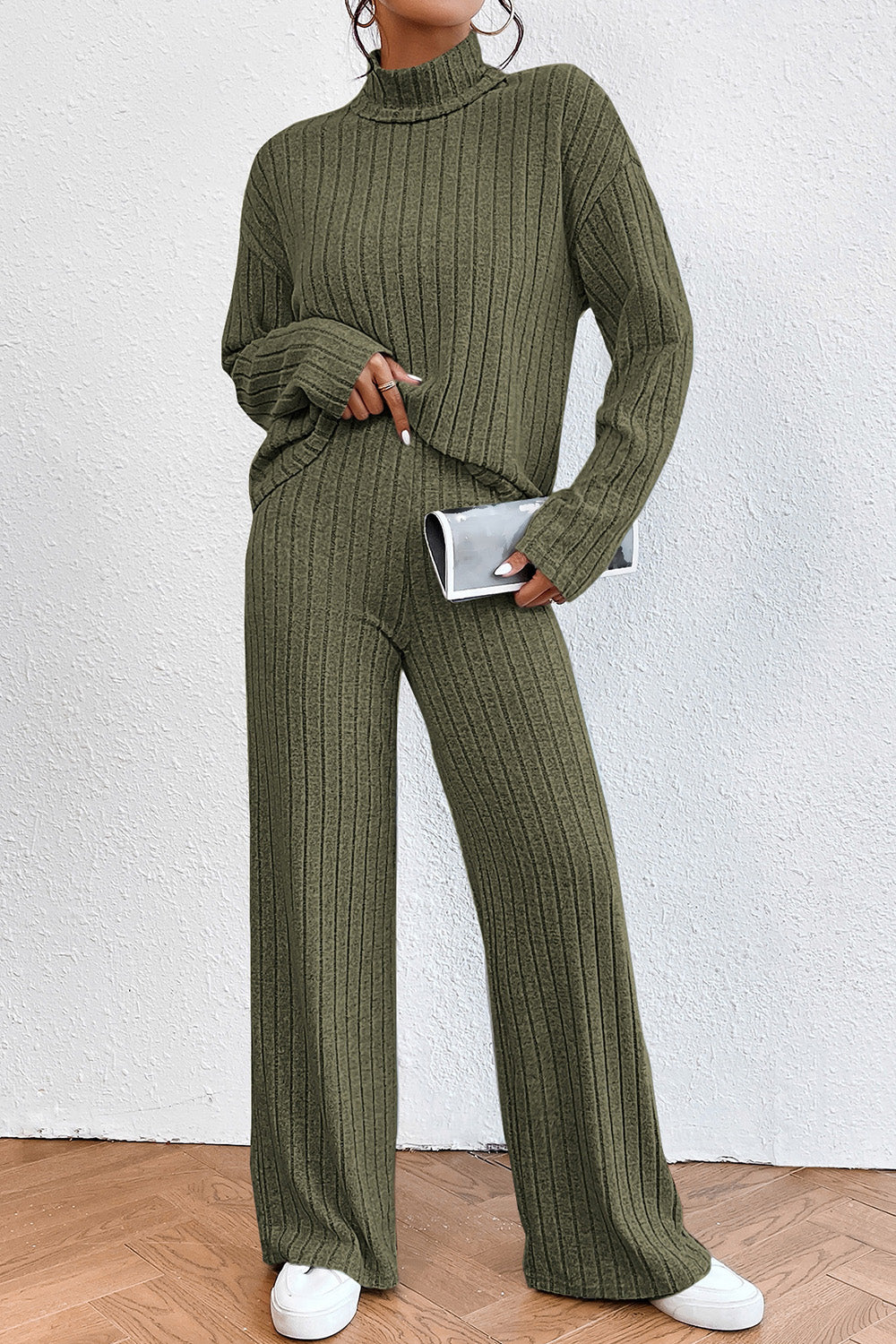 Ribbed Mock Neck Top and Pants Set - The Boutie Shop