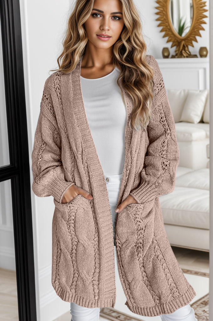 Cable-Knit Dropped Shoulder Slit Cardigan - The Boutie Shop