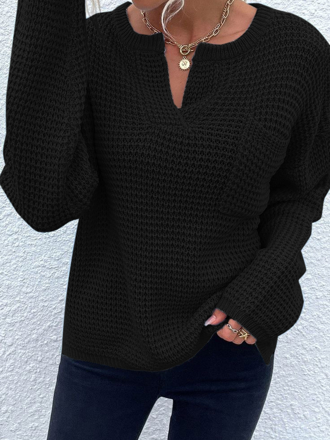 Notched Long Sleeve Sweater - The Boutie Shop