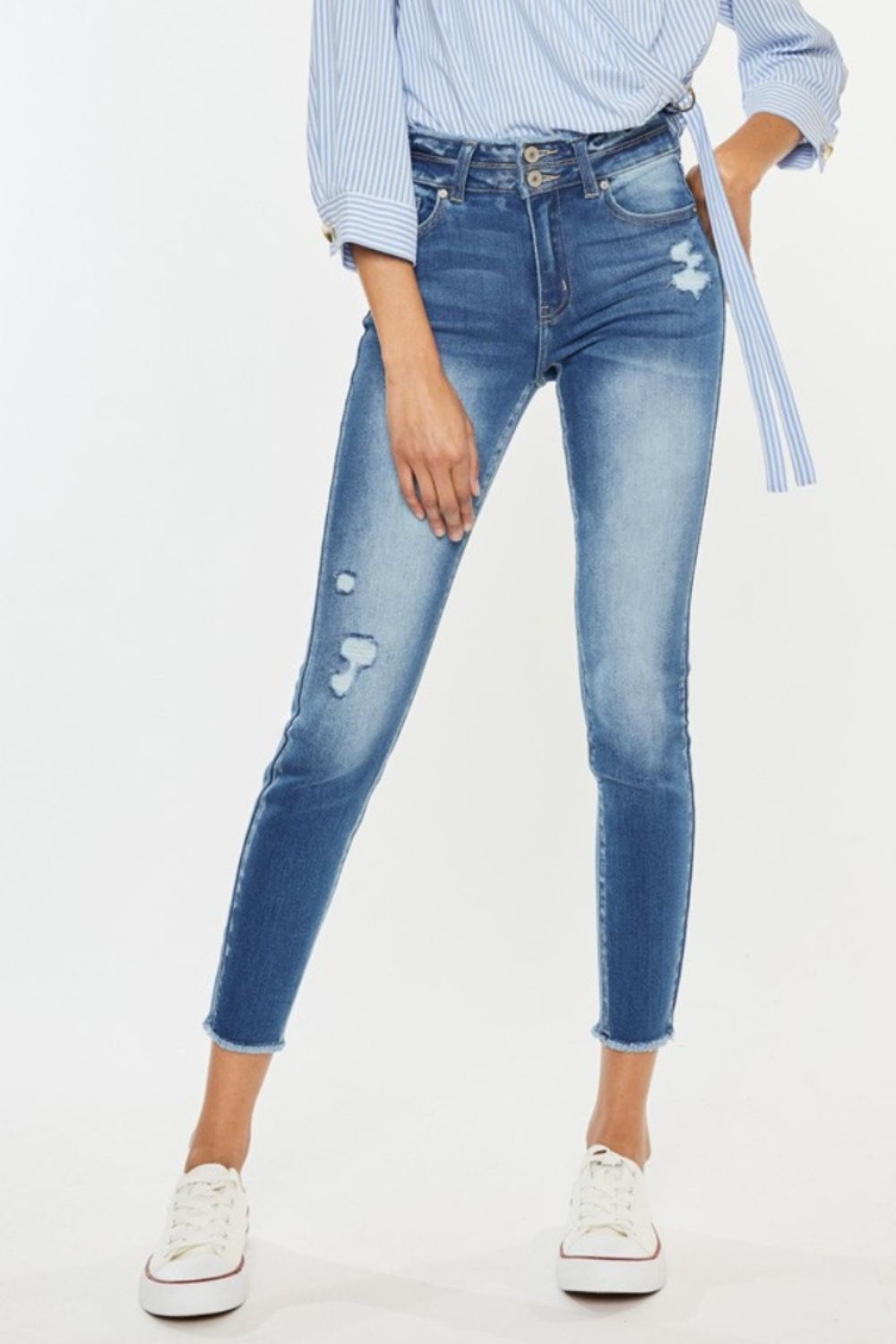 Kancan Distressed Raw Hem High Waist Jeans - The Boutie Shop