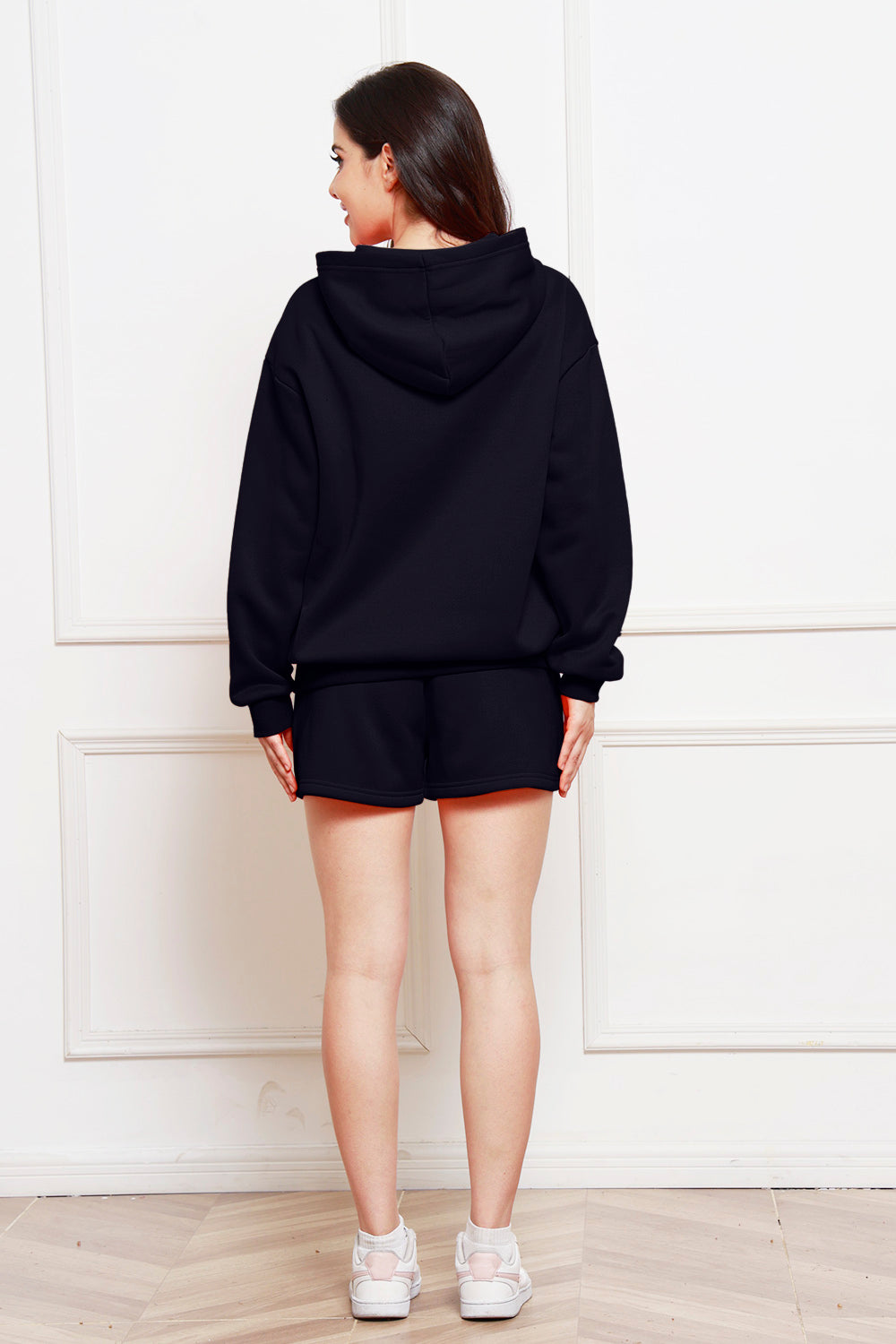 Drop Shoulder Long Sleeve Hoodie and Shorts Set - The Boutie Shop