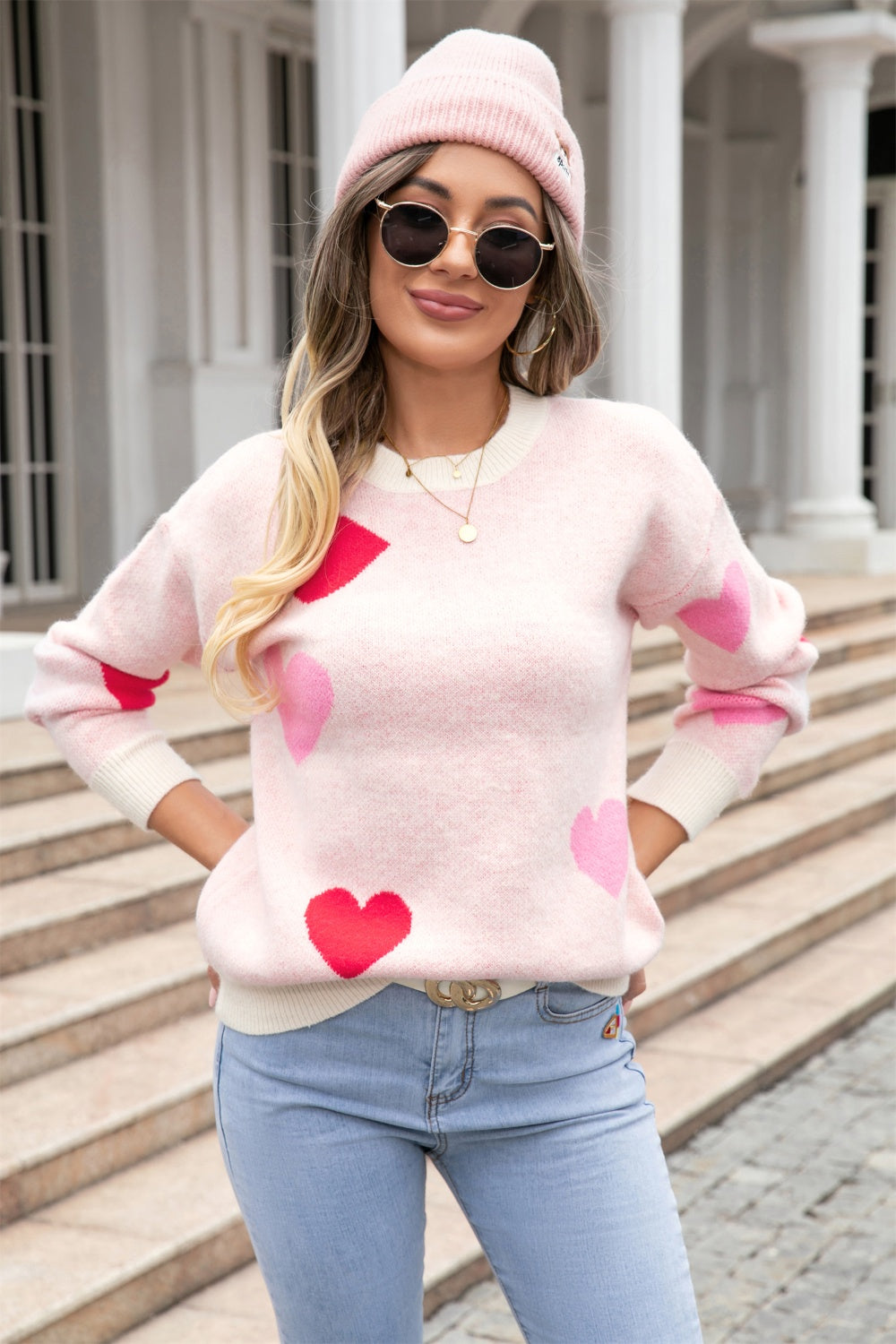 Angel Wings Heart Round Neck Droppped Shoulder Sweater - The Boutie Shop