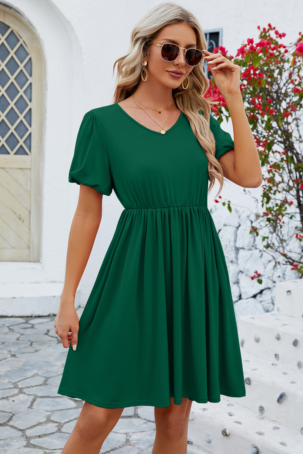 V-Neck Balloon Short Sleeve Dress - The Boutie Shop