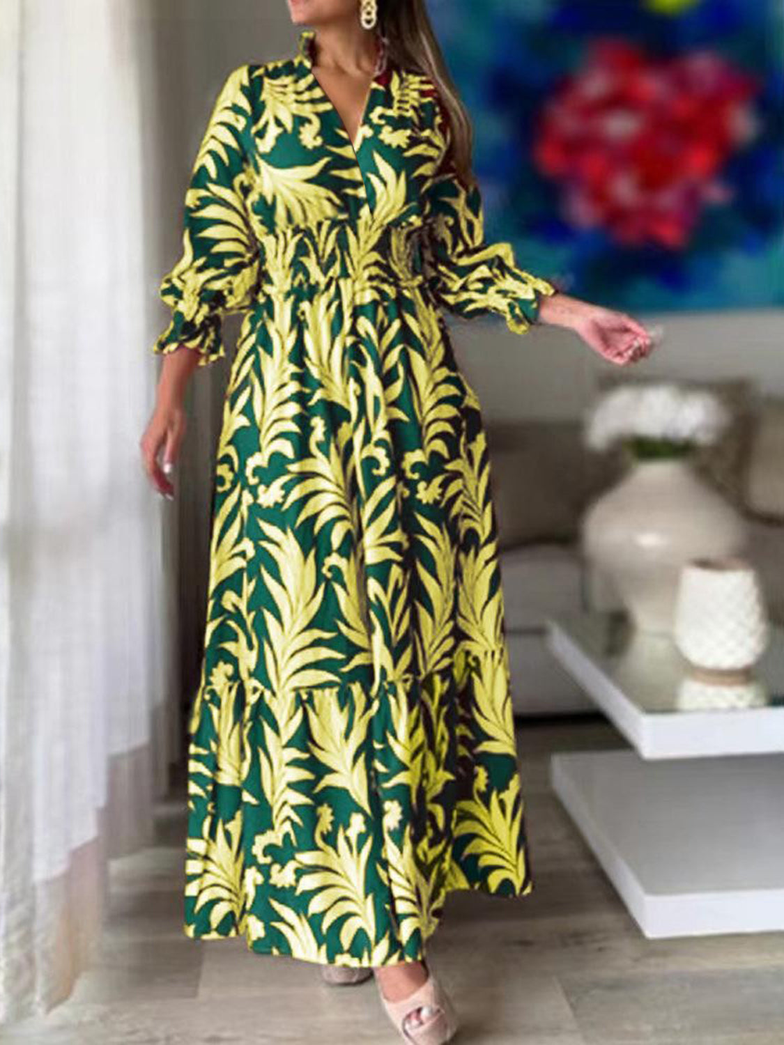 Printed Flounce Sleeve Maxi Dress - The Boutie Shop