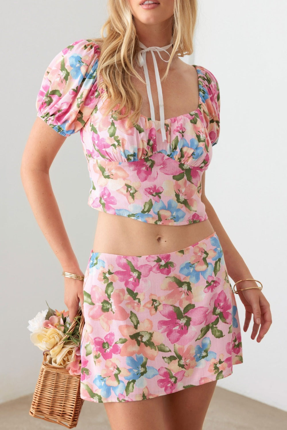 Le Lis Floral Puff Sleeve Crop Top and Mini Skirt Set - The Boutie Shop