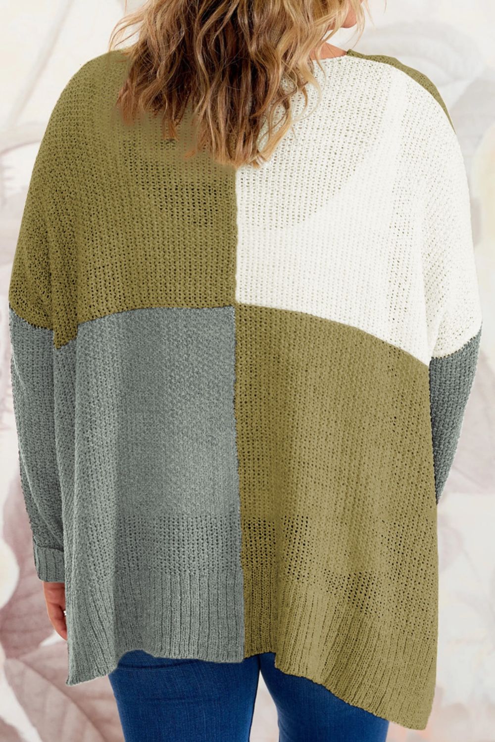 Plus Size Color Block Round Neck Sweater - The Boutie Shop