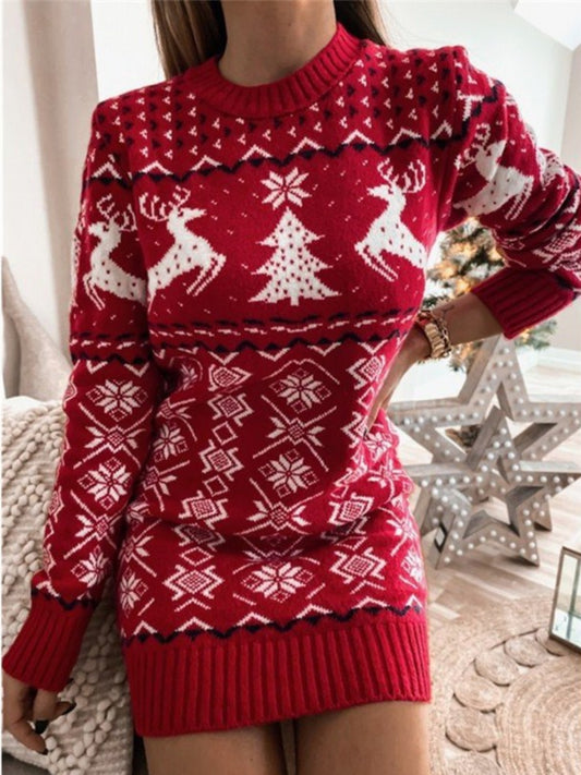 Reindeer & Snowflake Round Neck Sweater Dress - The Boutie Shop