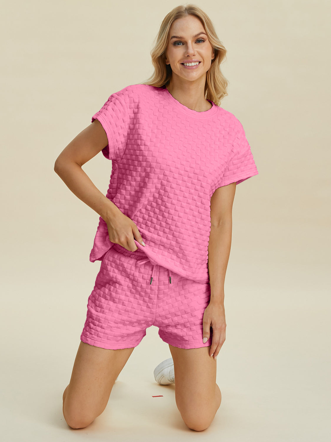 Double Take Full Size Texture T-Shirt and Shorts Set - The Boutie Shop