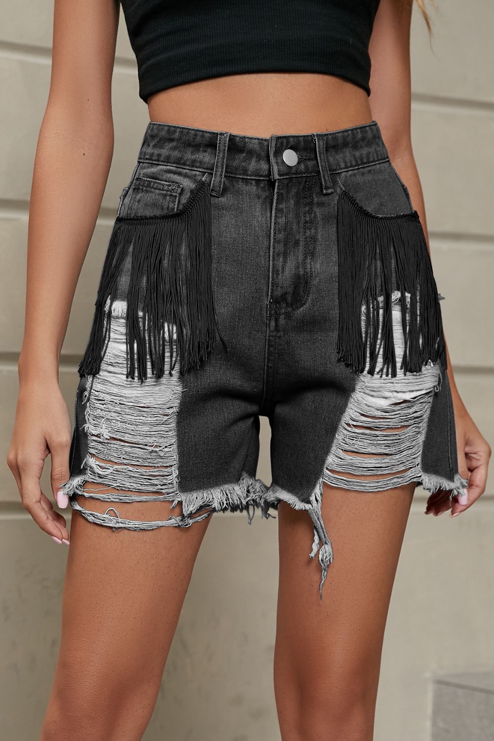 Fringe Trim Distressed Denim Shorts with Pockets - The Boutie Shop