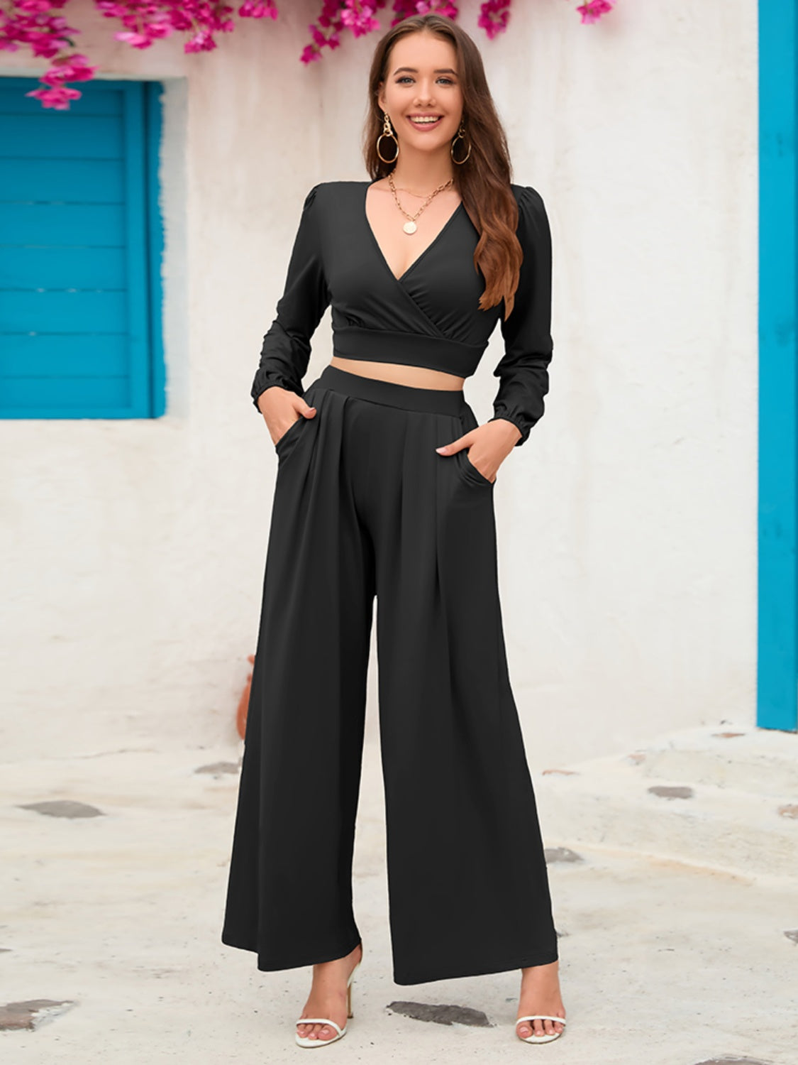 Surplice Top and Wide Leg Pants Set - The Boutie Shop