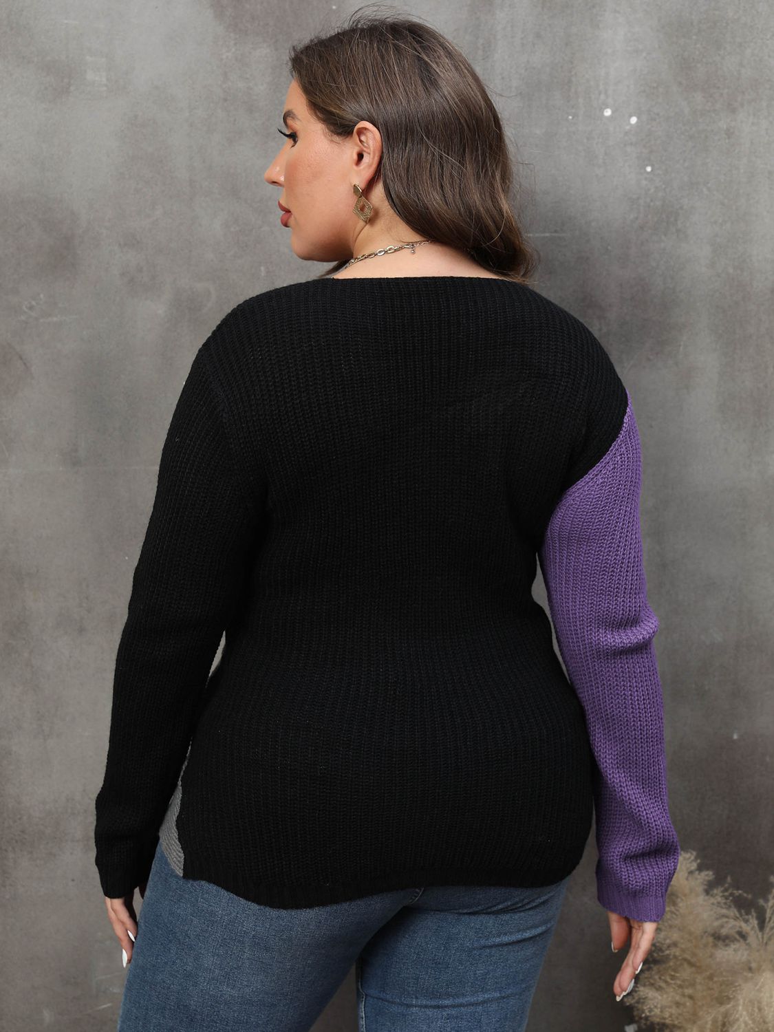 Plus Size Two-Tone Surplice Neck Sweater - The Boutie Shop