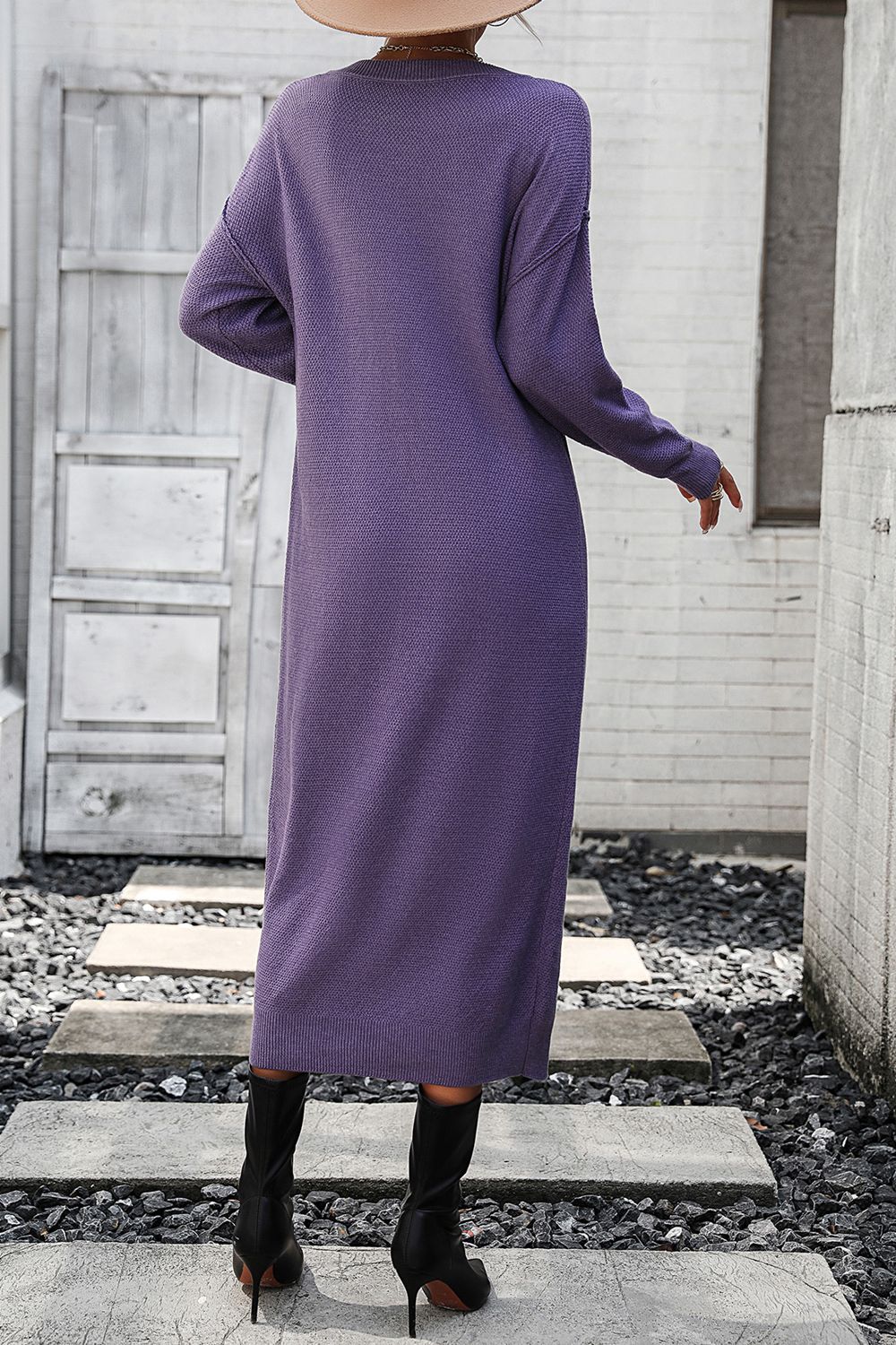 Decorative Button Notched Dropped Shoulder Sweater Dress - The Boutie Shop