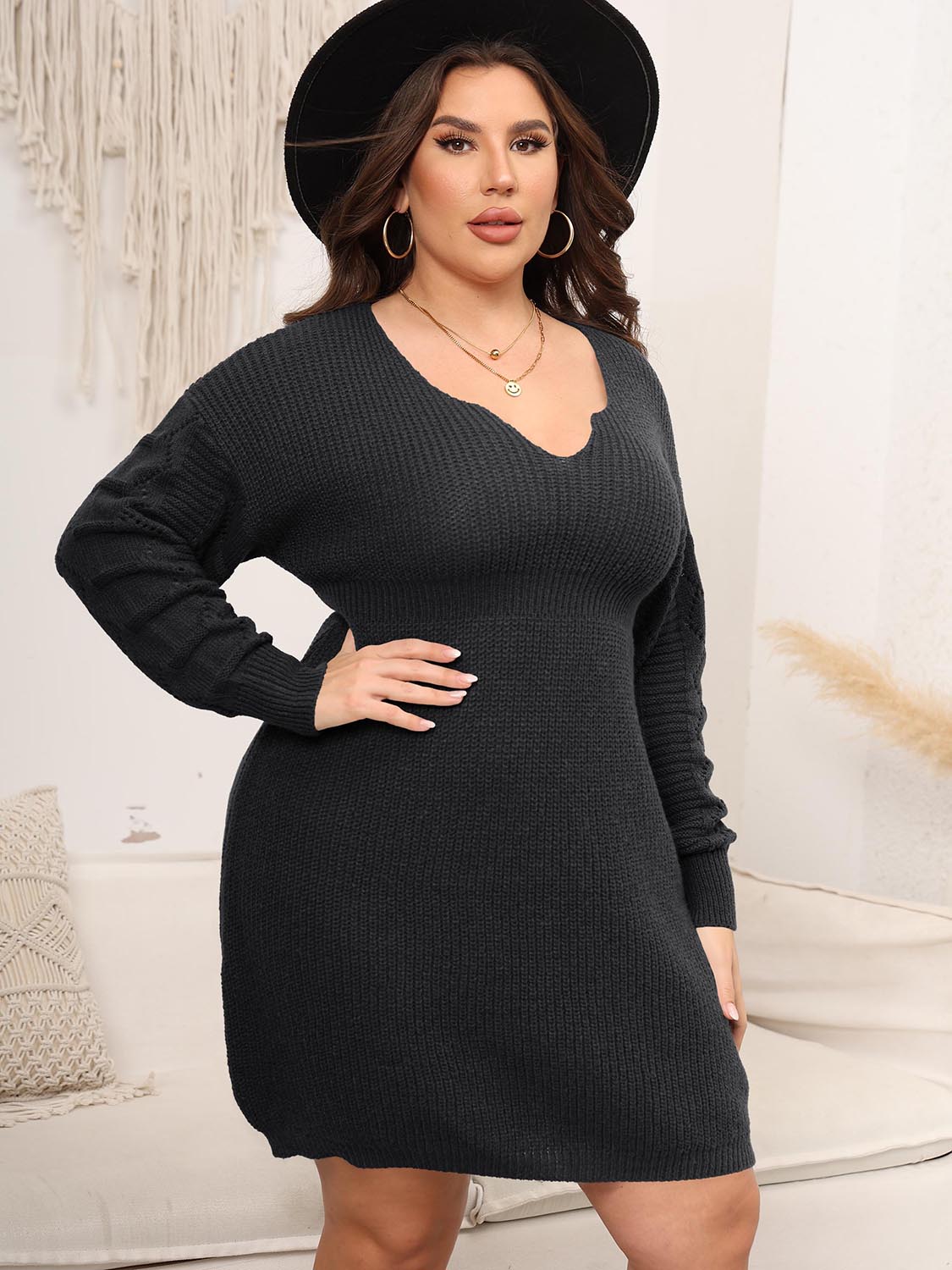 Plus Size Dropped Shoulder Long Sleeve Knit Mini Dress - The Boutie Shop