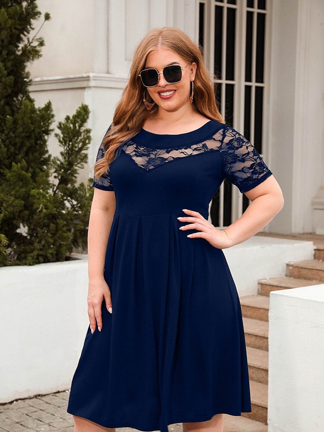 Plus Size Ruched Round Neck Short Sleeve Dress - The Boutie Shop