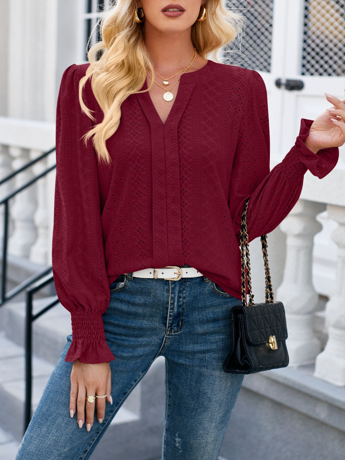 Lovelet Eyelet Notched Flounce Sleeve Blouse - The Boutie Shop