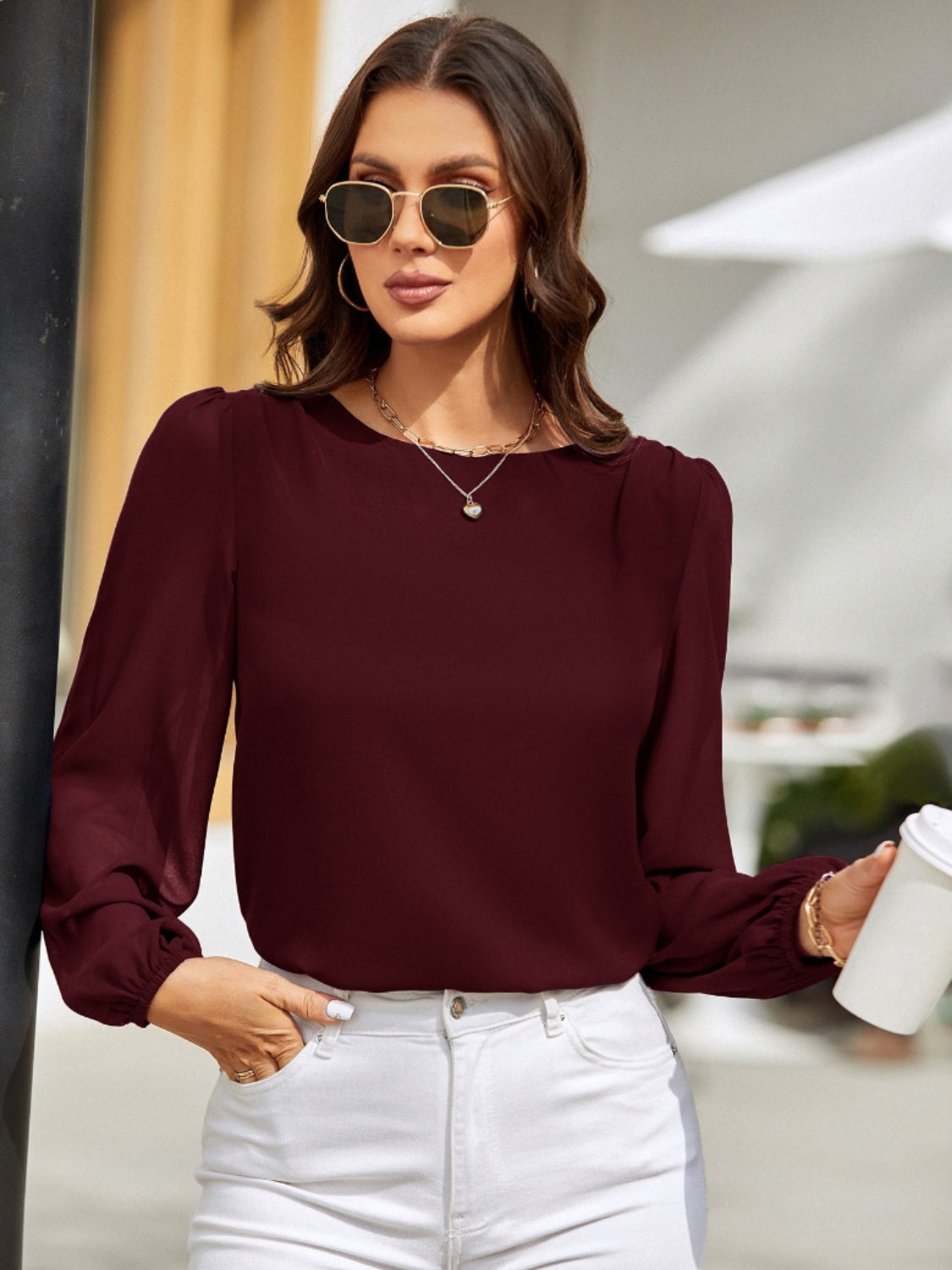 Round Neck Long Sleeve Blouse - The Boutie Shop