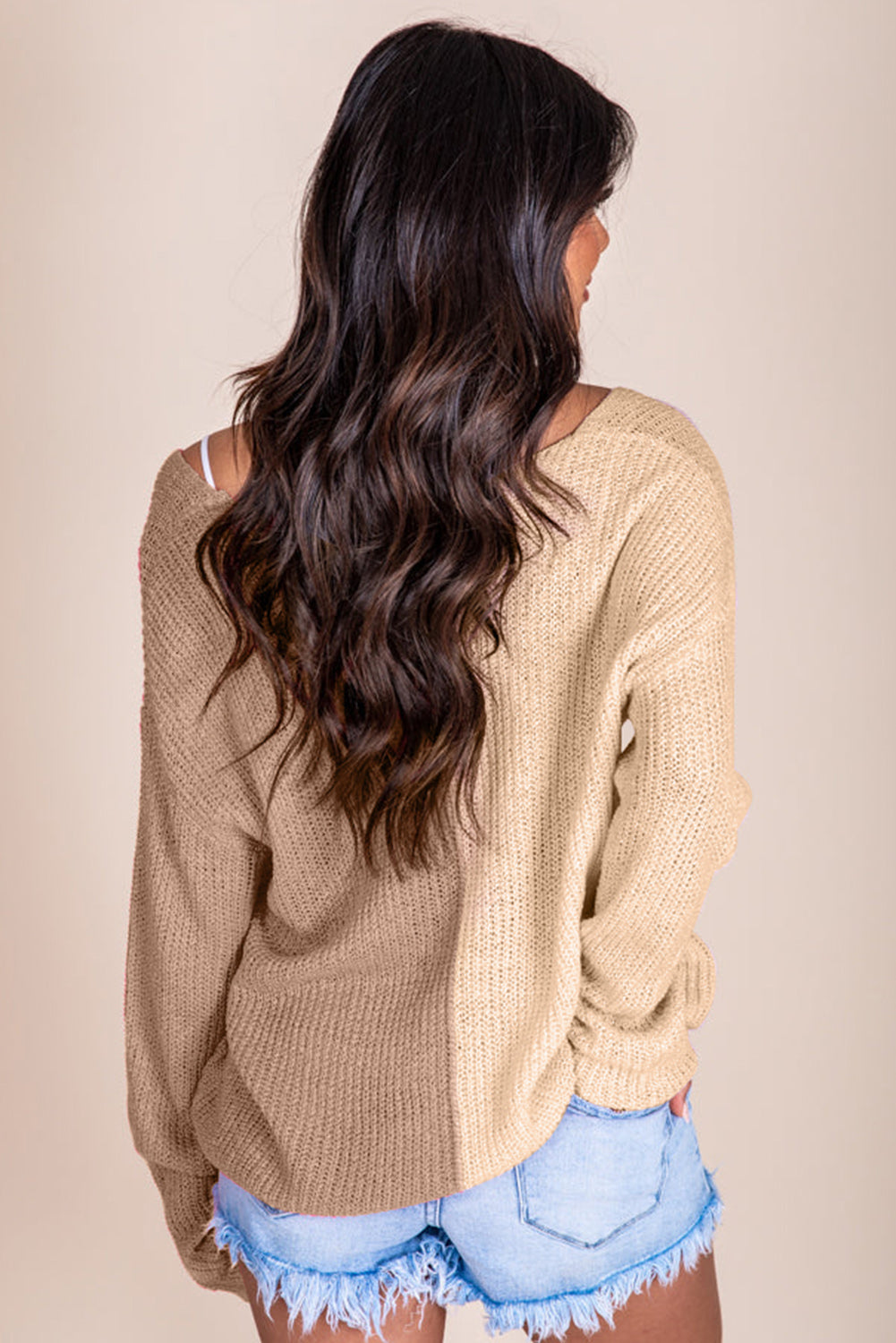 Contrast Color V-Neck Long Sleeve Pullover Sweater - The Boutie Shop