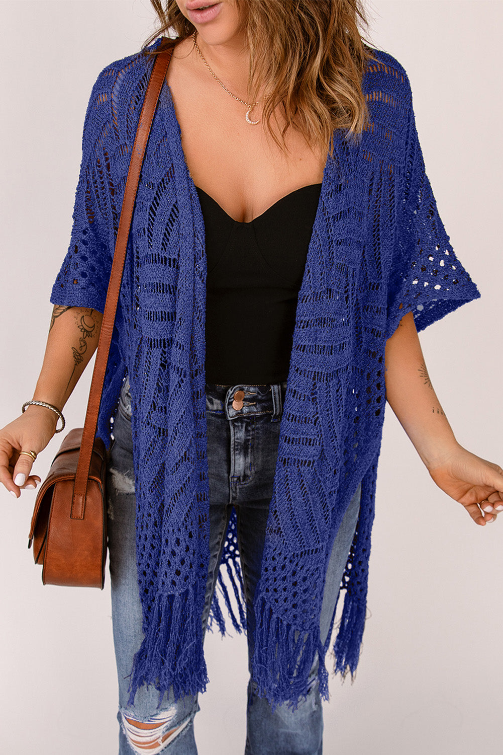 Openwork Open Front Cardigan with Fringes - The Boutie Shop