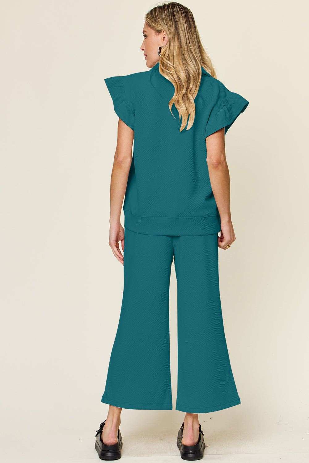 Double Take Texture Ruffle Short Sleeve Top and Drawstring Wide Leg Pants Set - The Boutie Shop