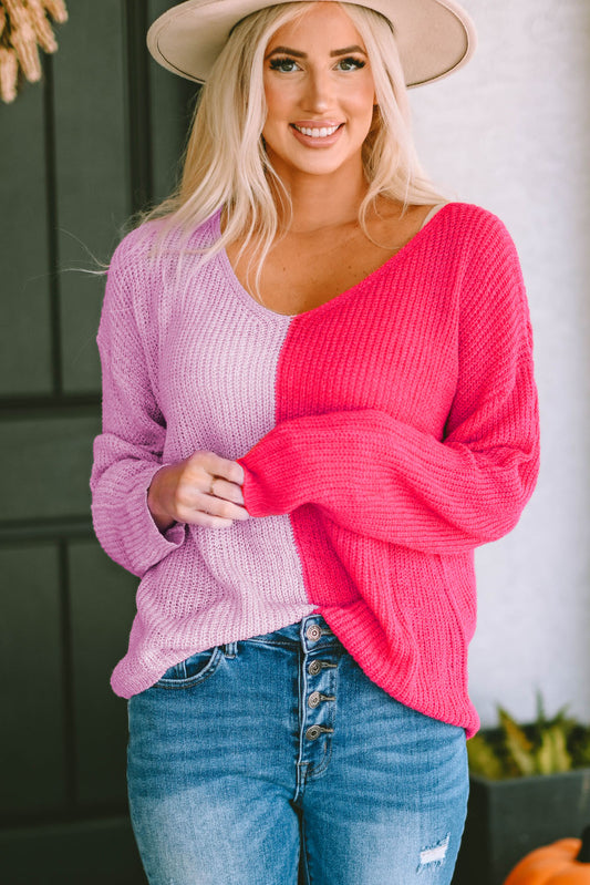 Contrast Color V-Neck Long Sleeve Pullover Sweater - The Boutie Shop