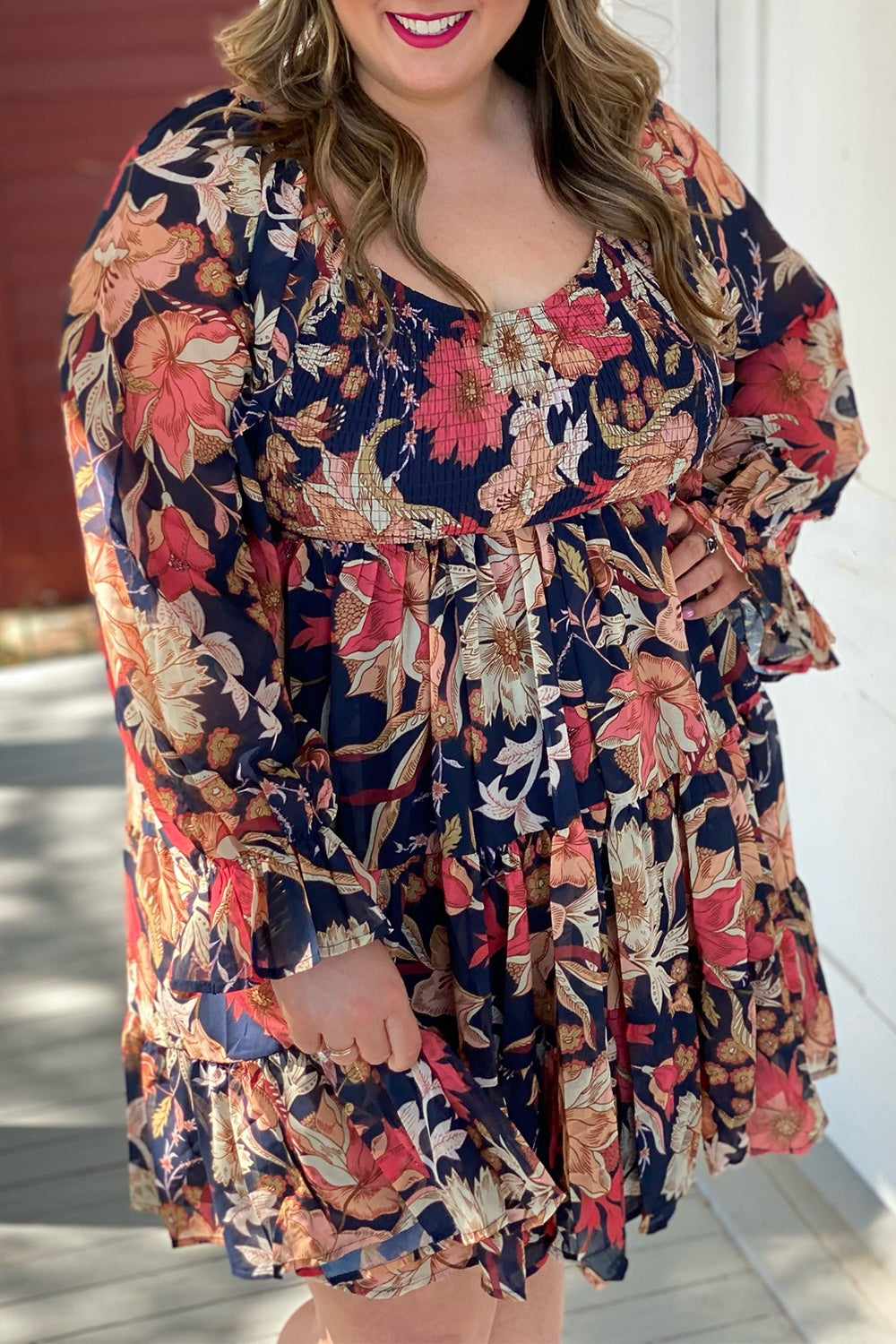 Plus Size Smocked Printed Long Sleeve Dress - The Boutie Shop