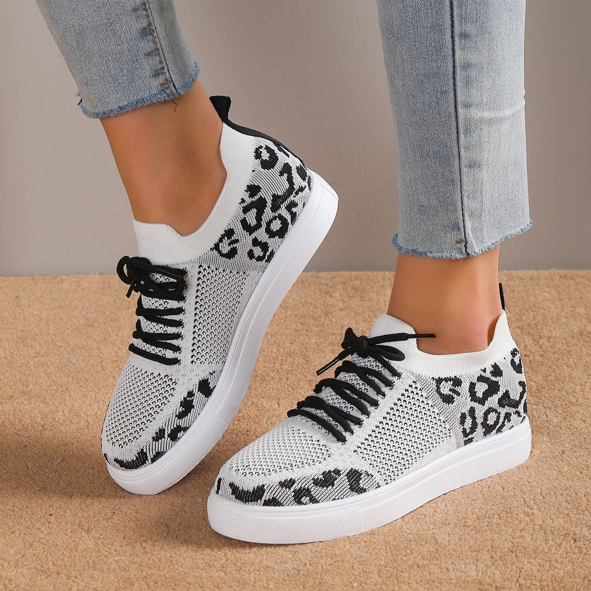 Lace-Up Leopard Flat Sneakers - The Boutie Shop