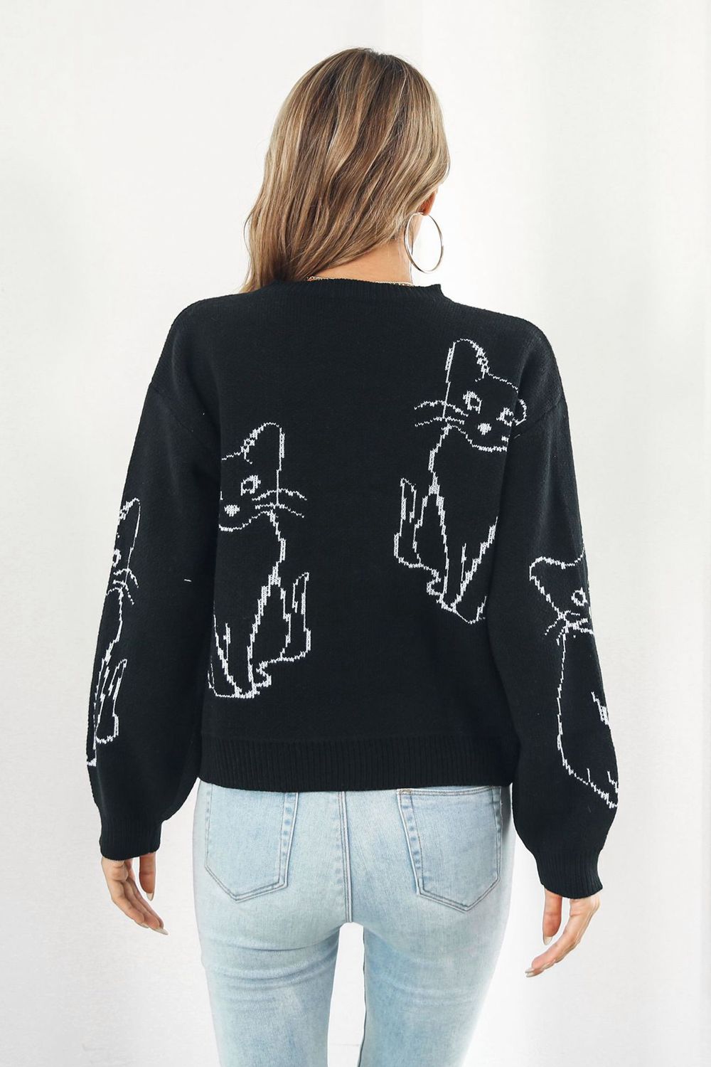 Cat Pattern Round Neck Long Sleeve Pullover Sweater - The Boutie Shop