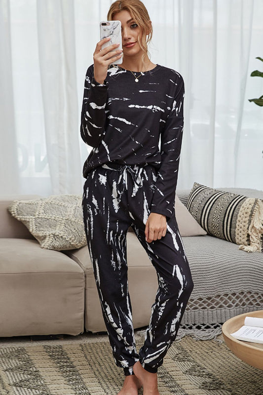 Shiny Tie-Dye Round Neck Top and Drawstring Waist Joggers Lounge Set - The Boutie Shop