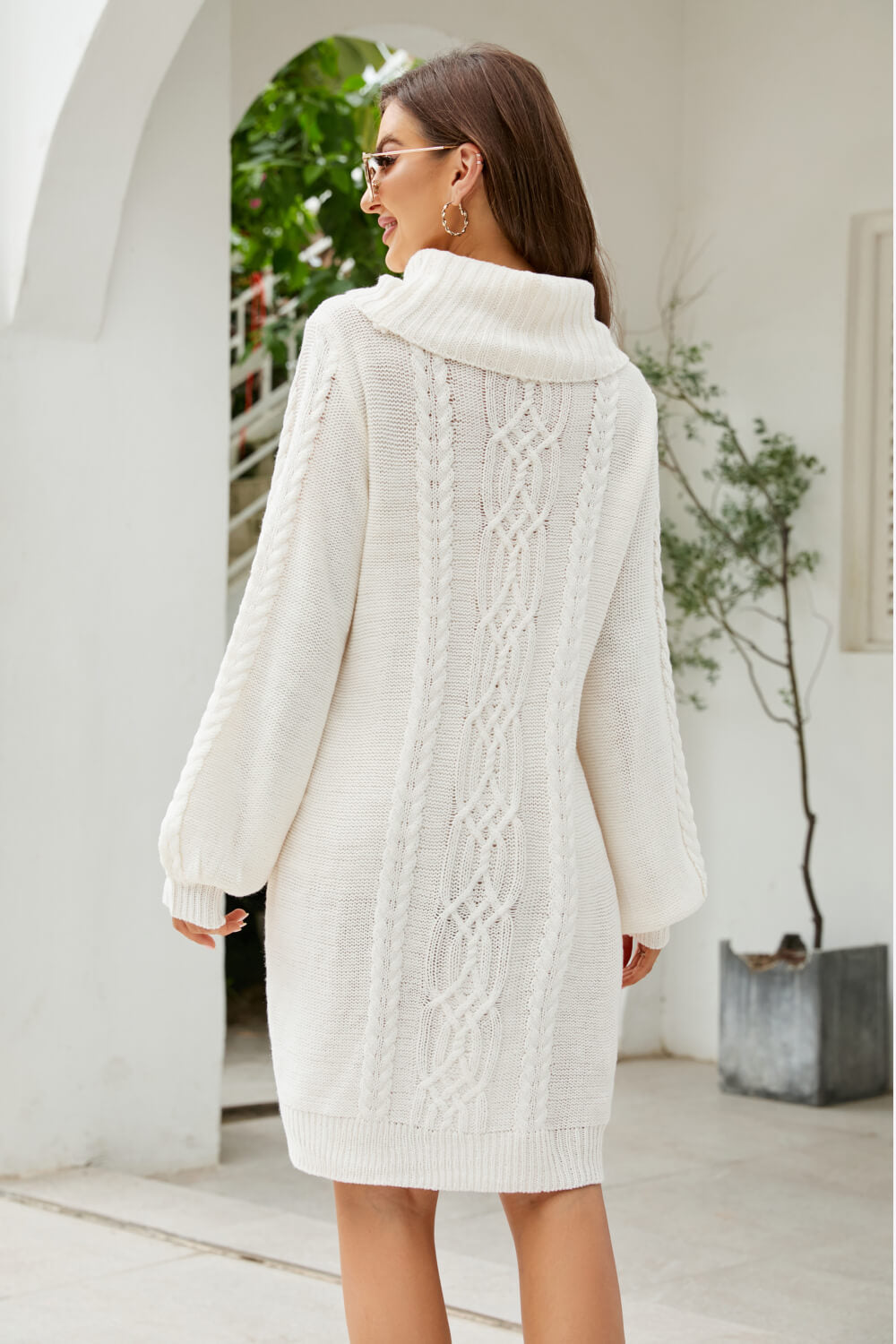 Woven Right Mixed Knit Turtleneck Lantern Sleeve Sweater Dress - The Boutie Shop