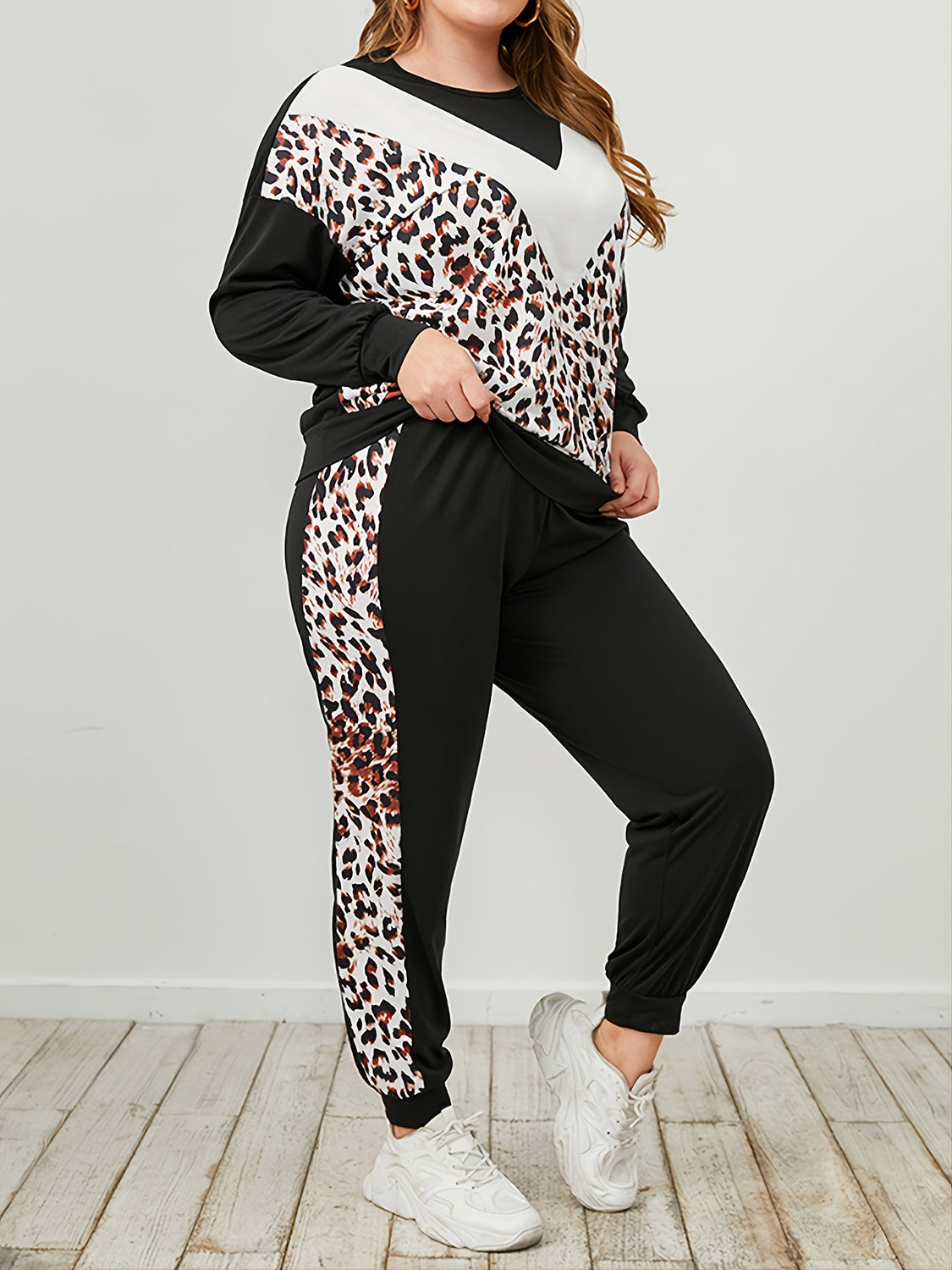 Plus Size Leopard Sweatshirt and Sweatpants Set - The Boutie Shop