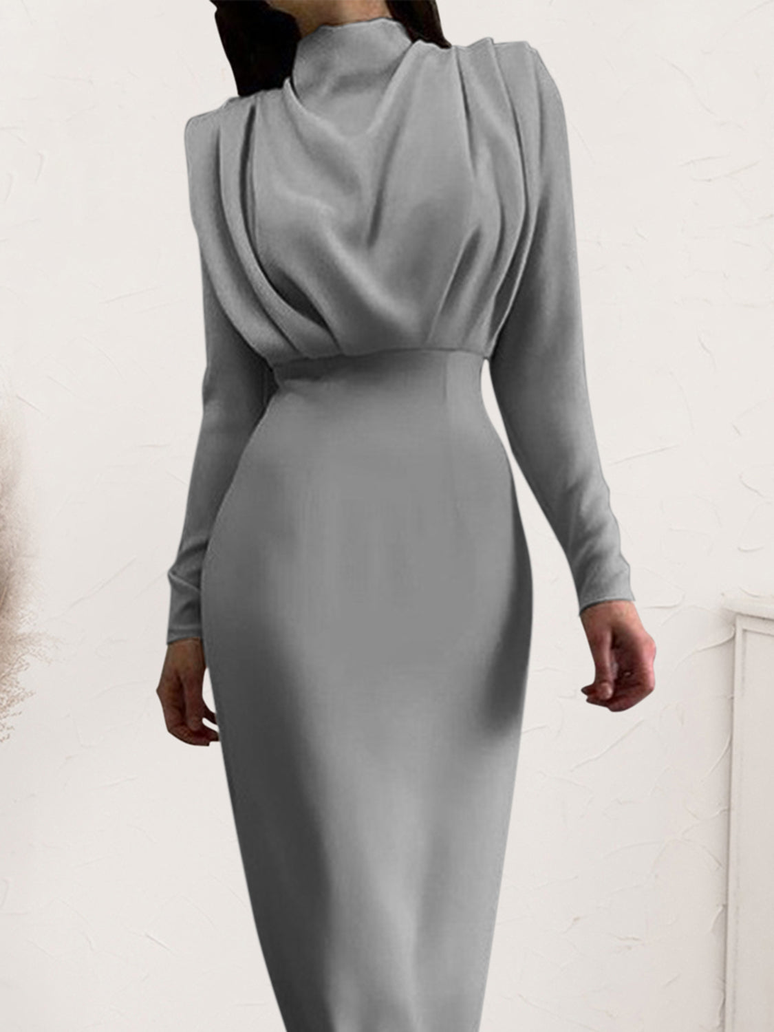 Ruched Turtleneck Long Sleeve Dress - The Boutie Shop