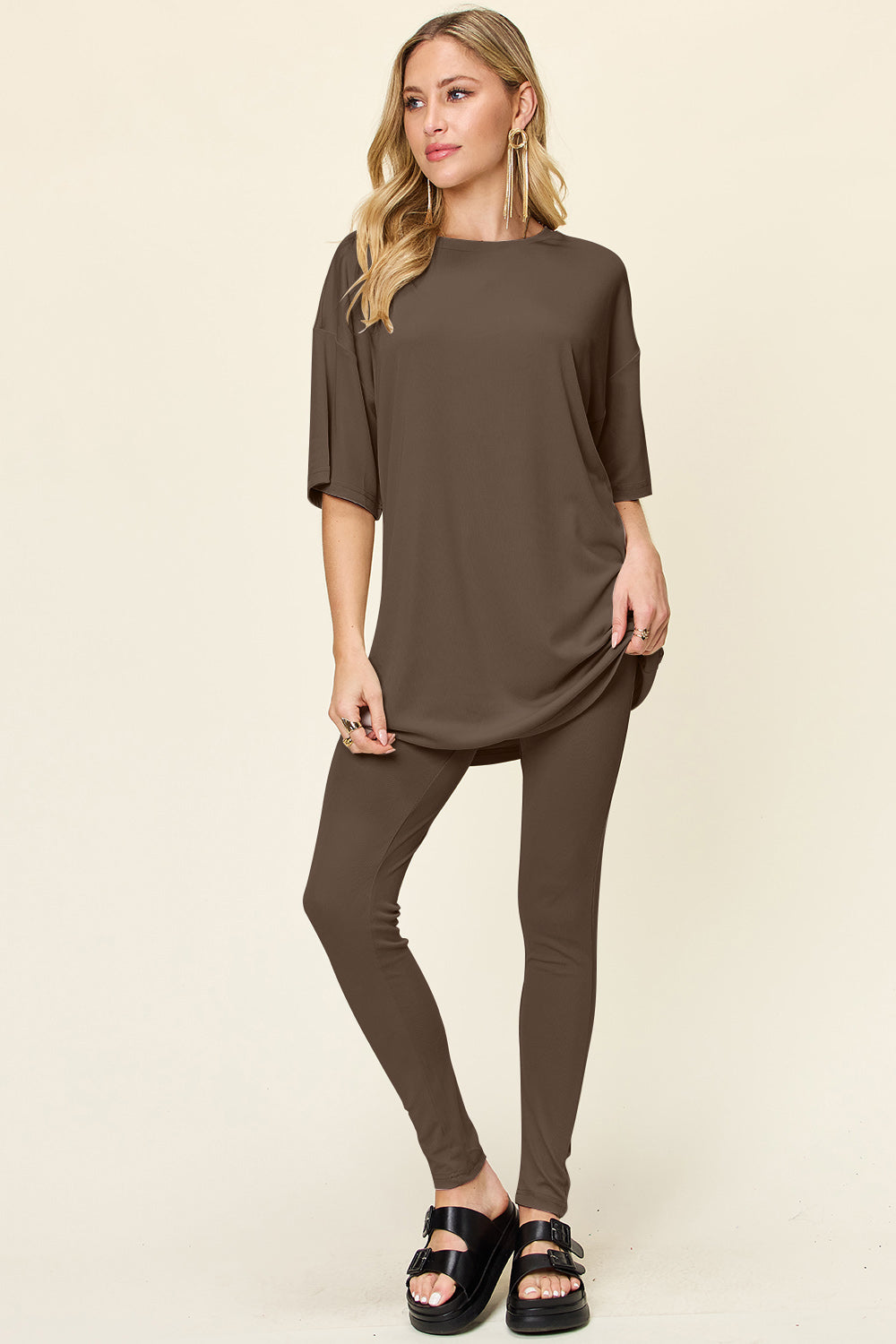 Double Take Full Size Round Neck Dropped Shoulder T-Shirt and Leggings Set - The Boutie Shop