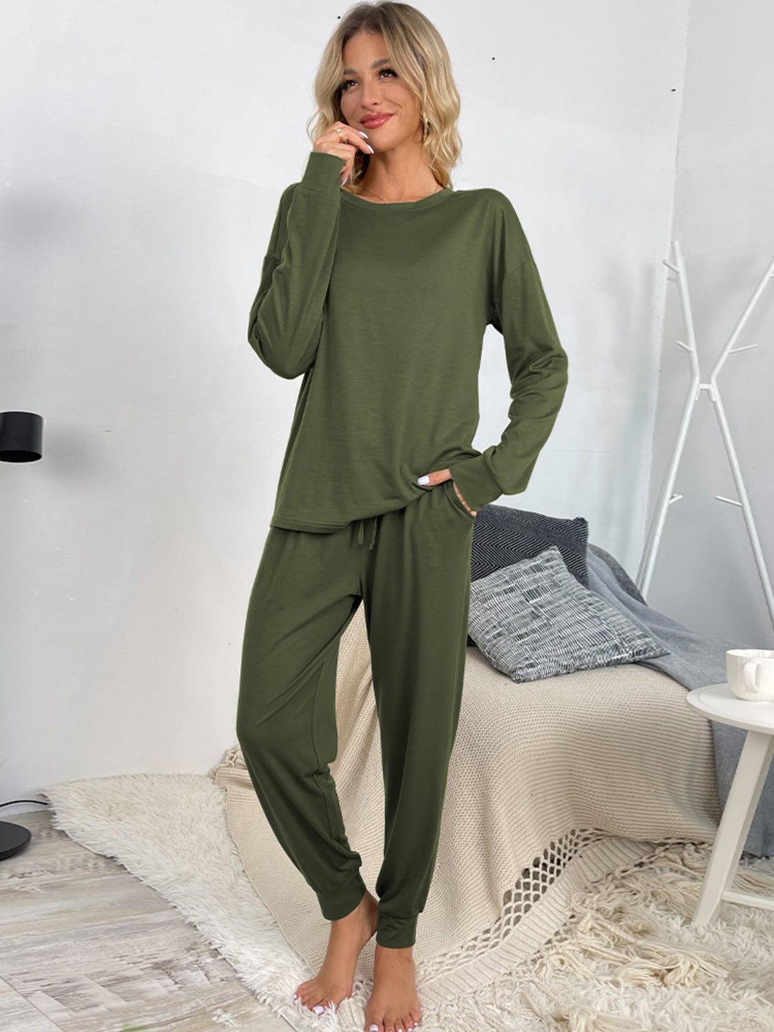 Shiny Round Neck Top and Drawstring Pants Lounge Set - The Boutie Shop