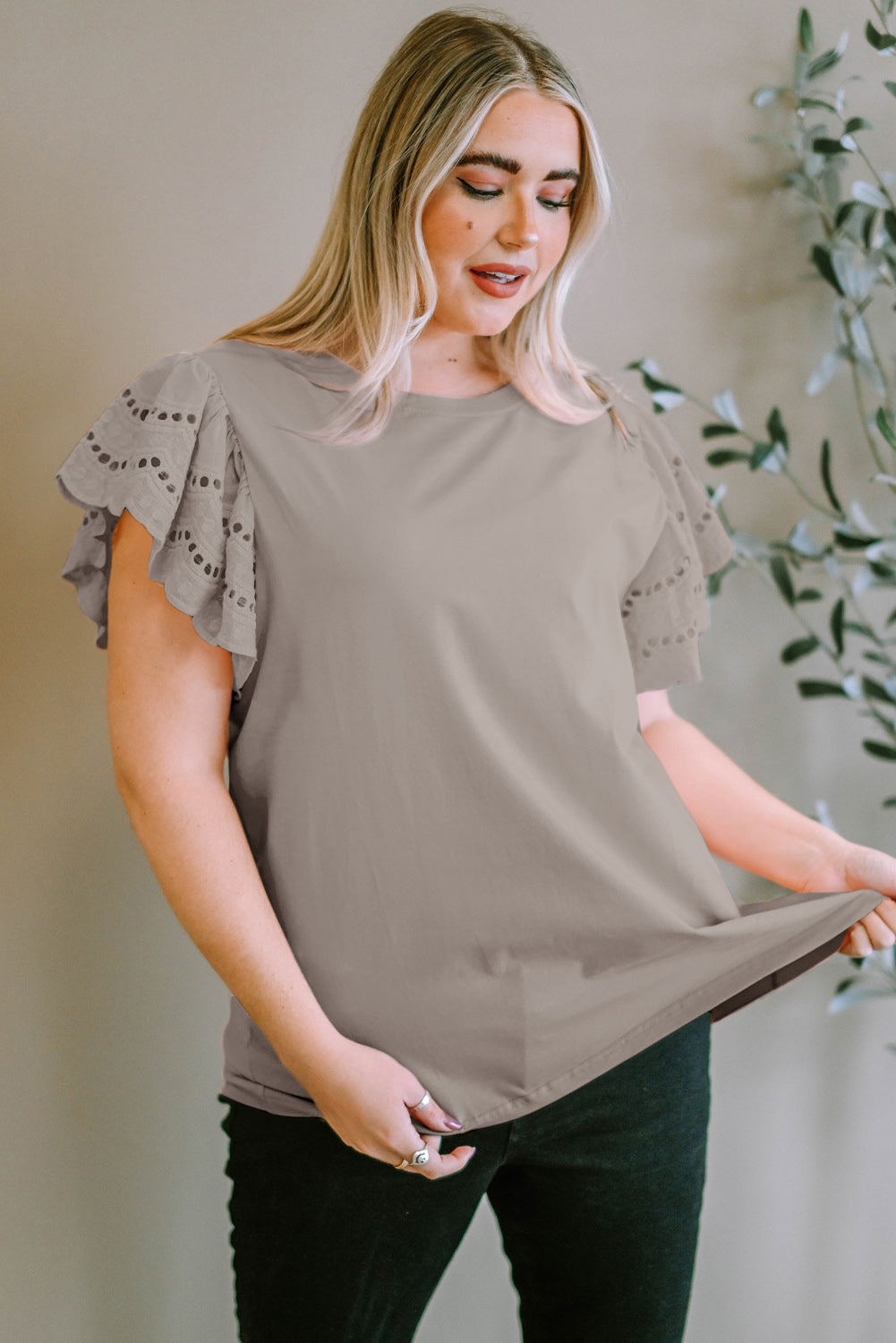 Plus Size Eyelet Round Neck Short Sleeve Blouse - The Boutie Shop